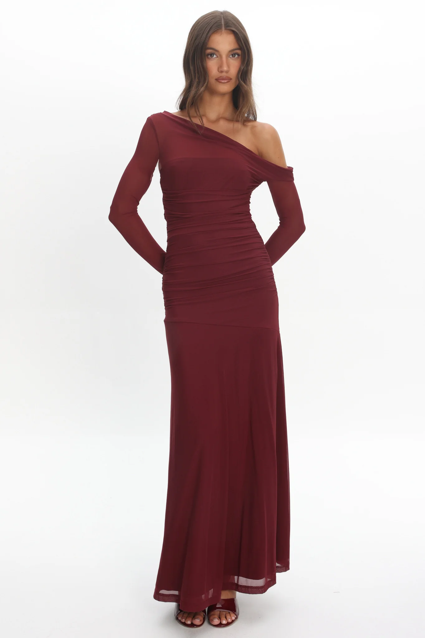 Lylah Asymmetric Neckline Long Sleeve Maxi Dress Mesh Plum