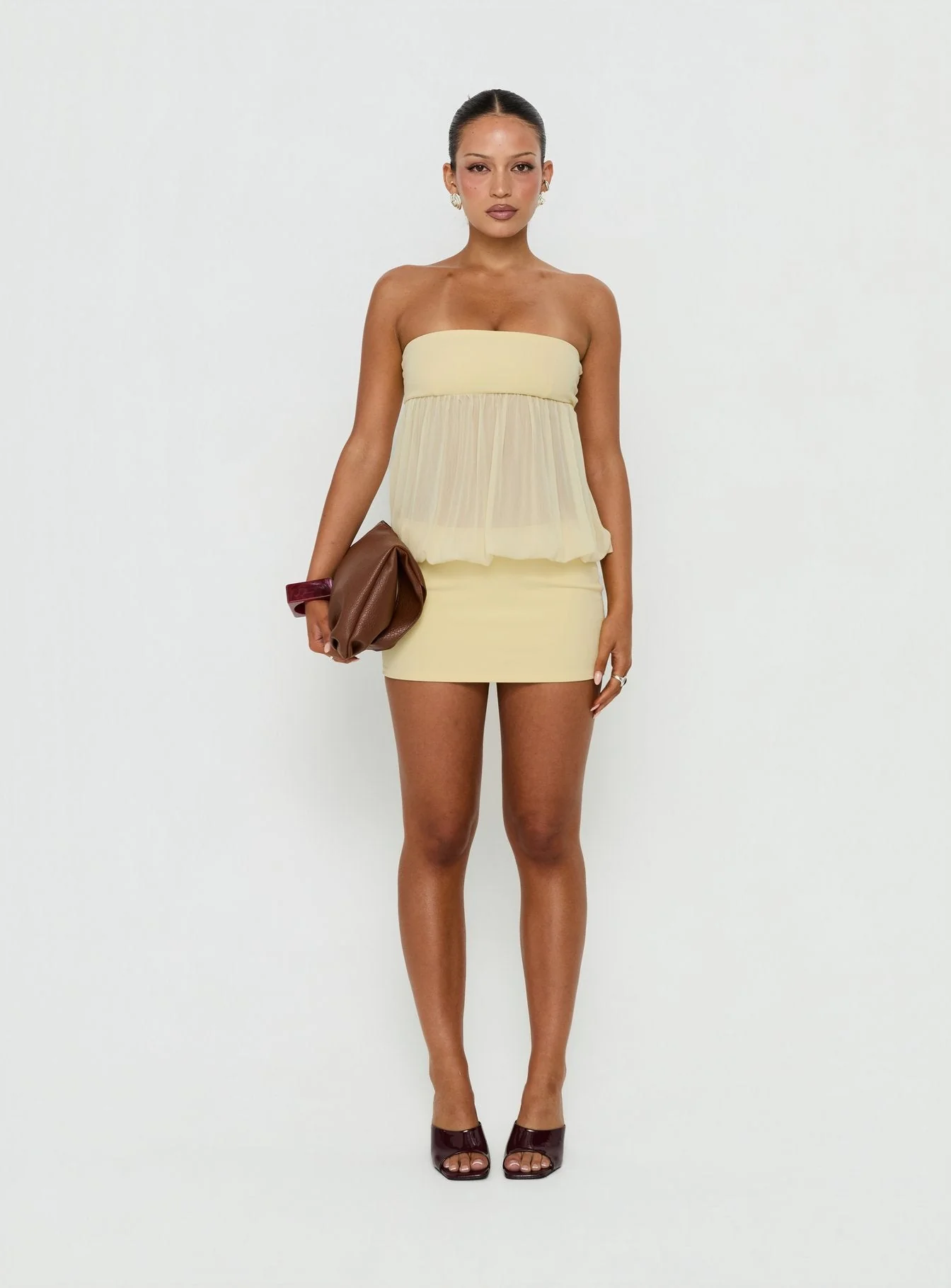 Howland Strapless Sheer Blouson Mini Dress Yellow