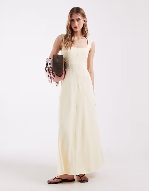 square neck seam detailing midi dress in buttermilk
