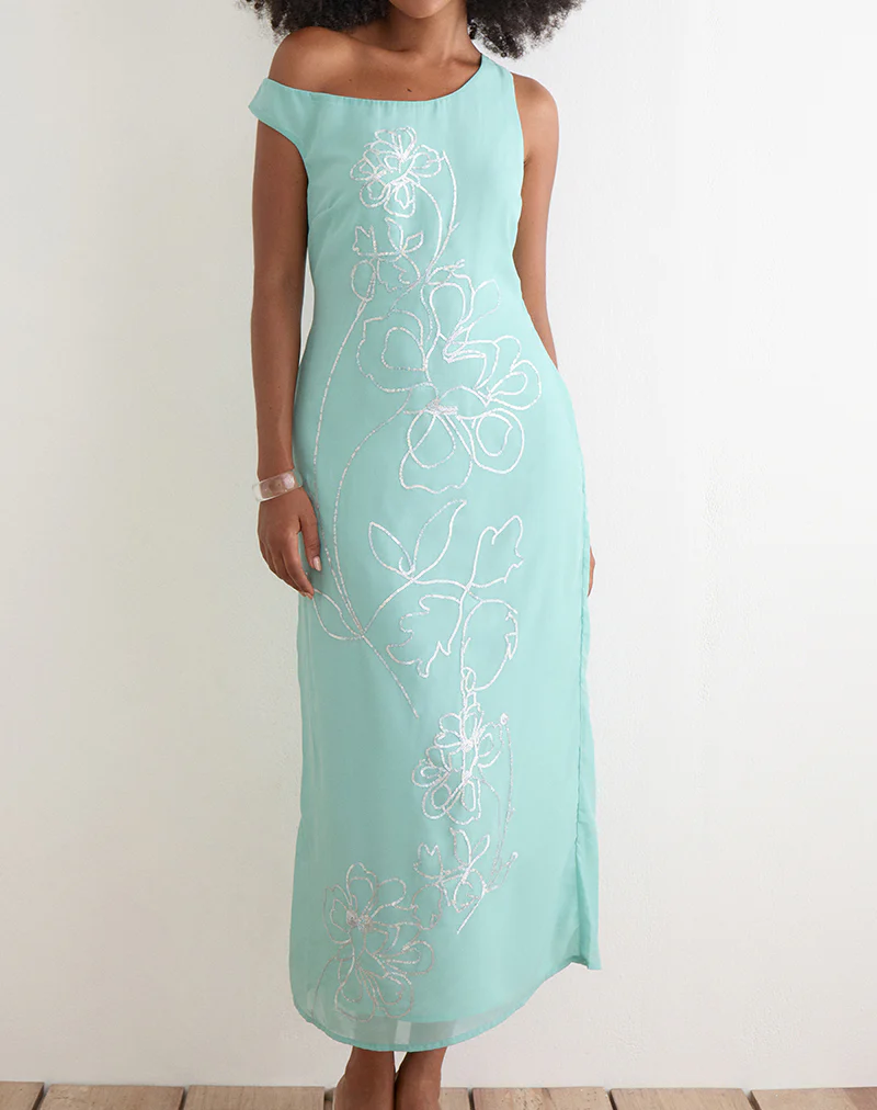 Yelsa Maxi Dress in Chiffon Floral Sequin Turquoise