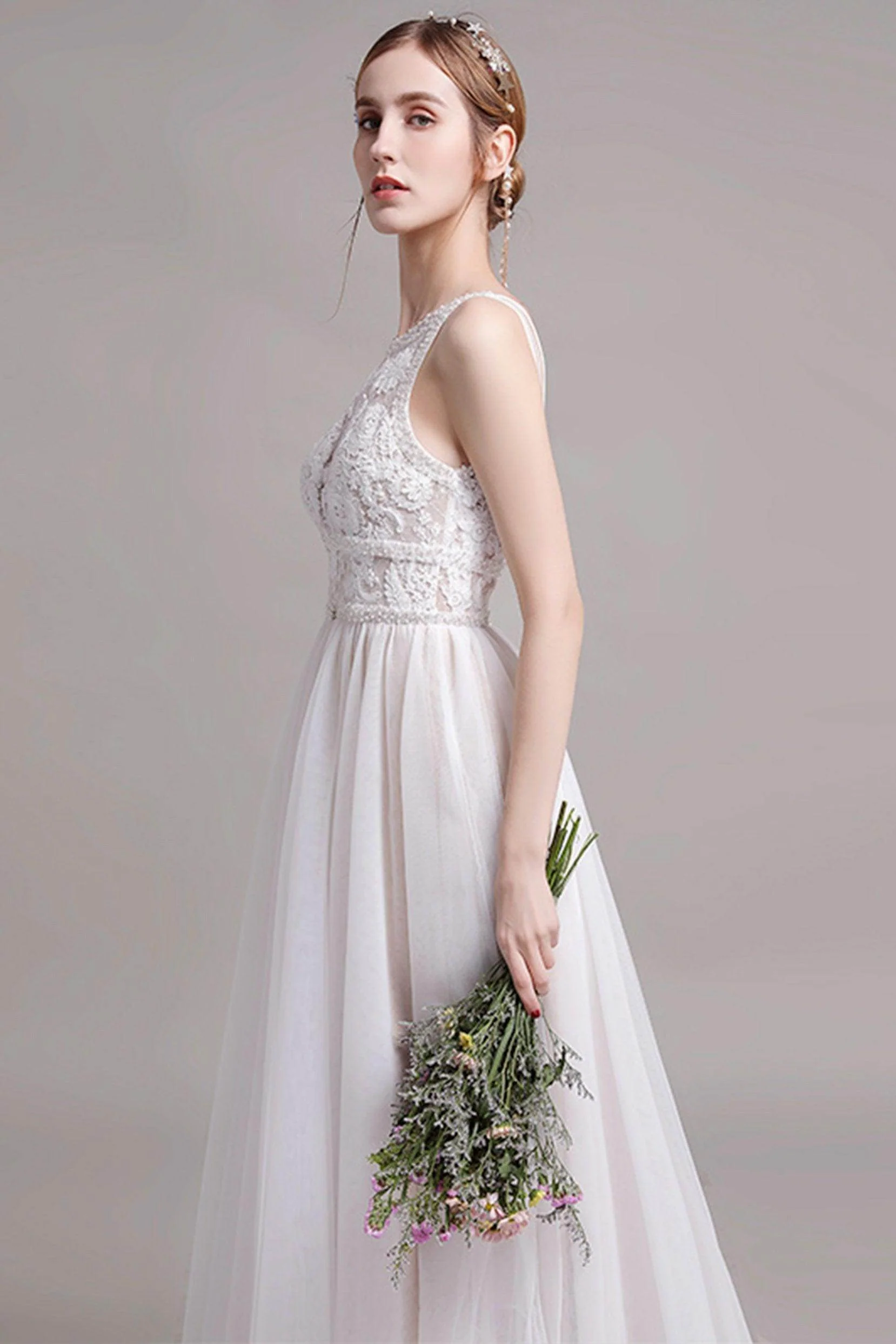 A-Line Sweep-Brush Train Lace Wedding Dress CW2765