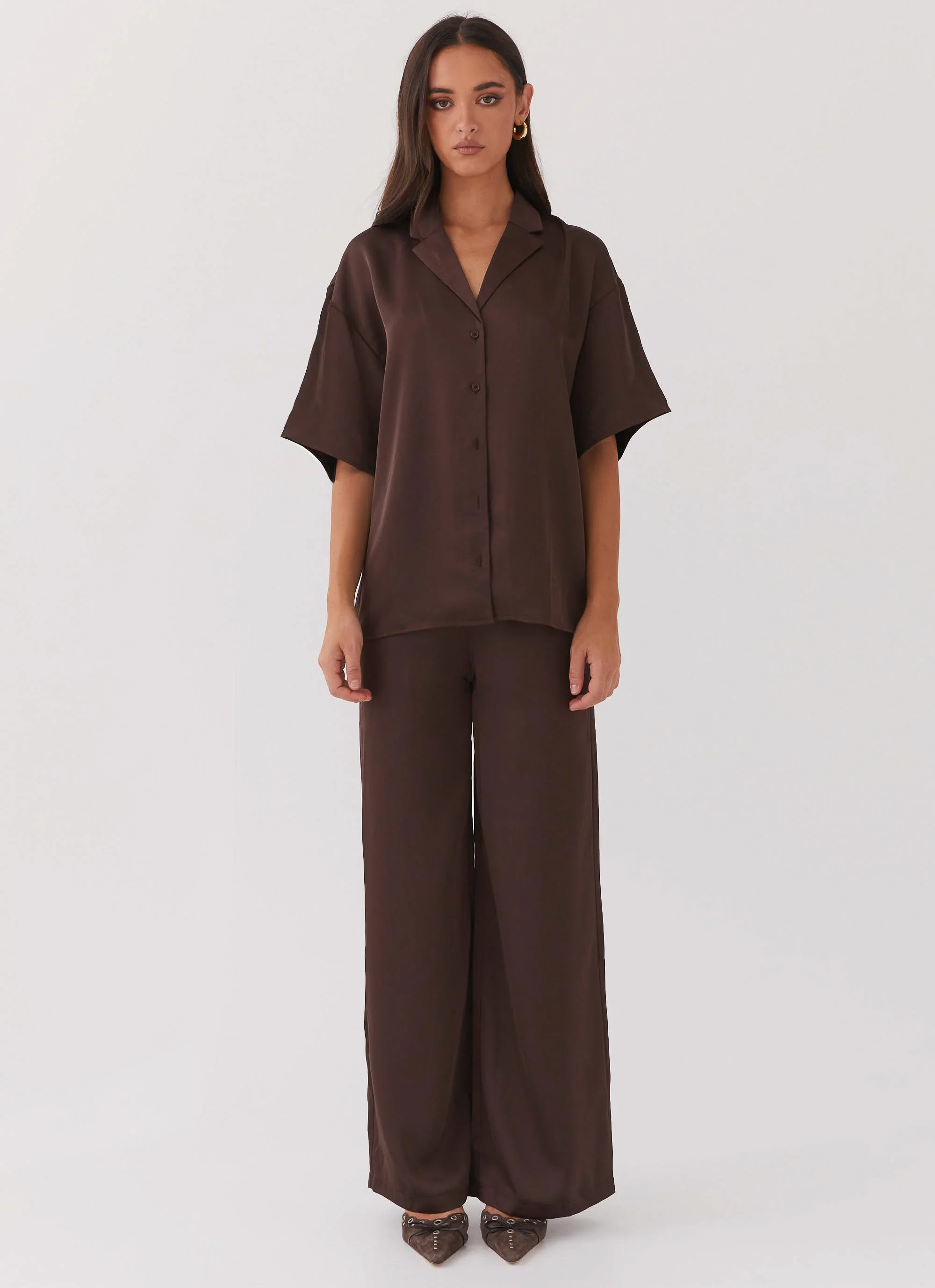Palm Cove Satin Shirt - Chocolate