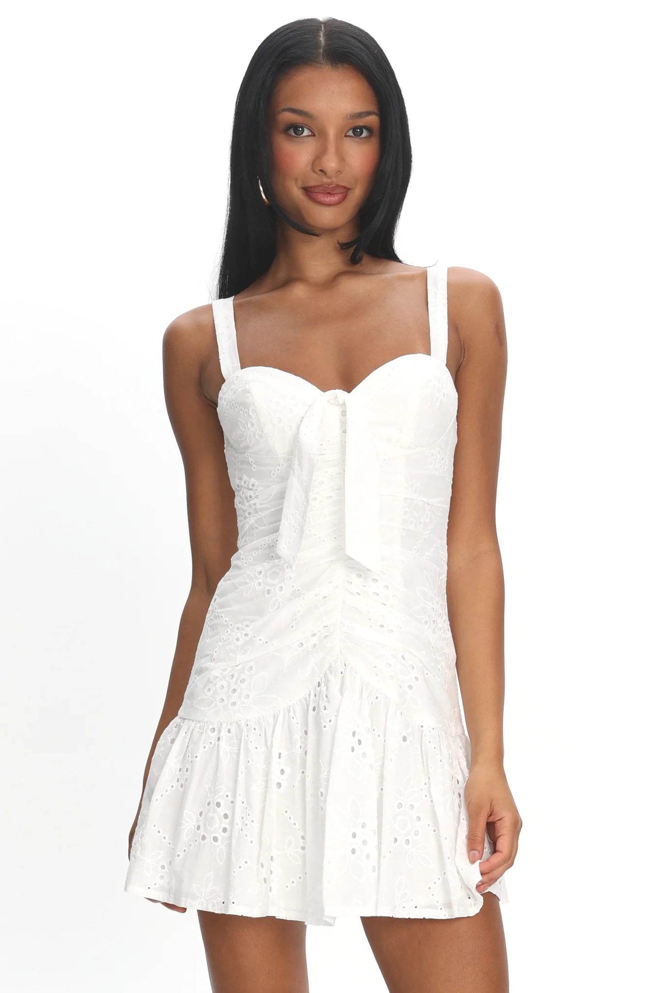 Rachelle Tied Bust Ruched Mini Dress Eyelet White - luluinthesky