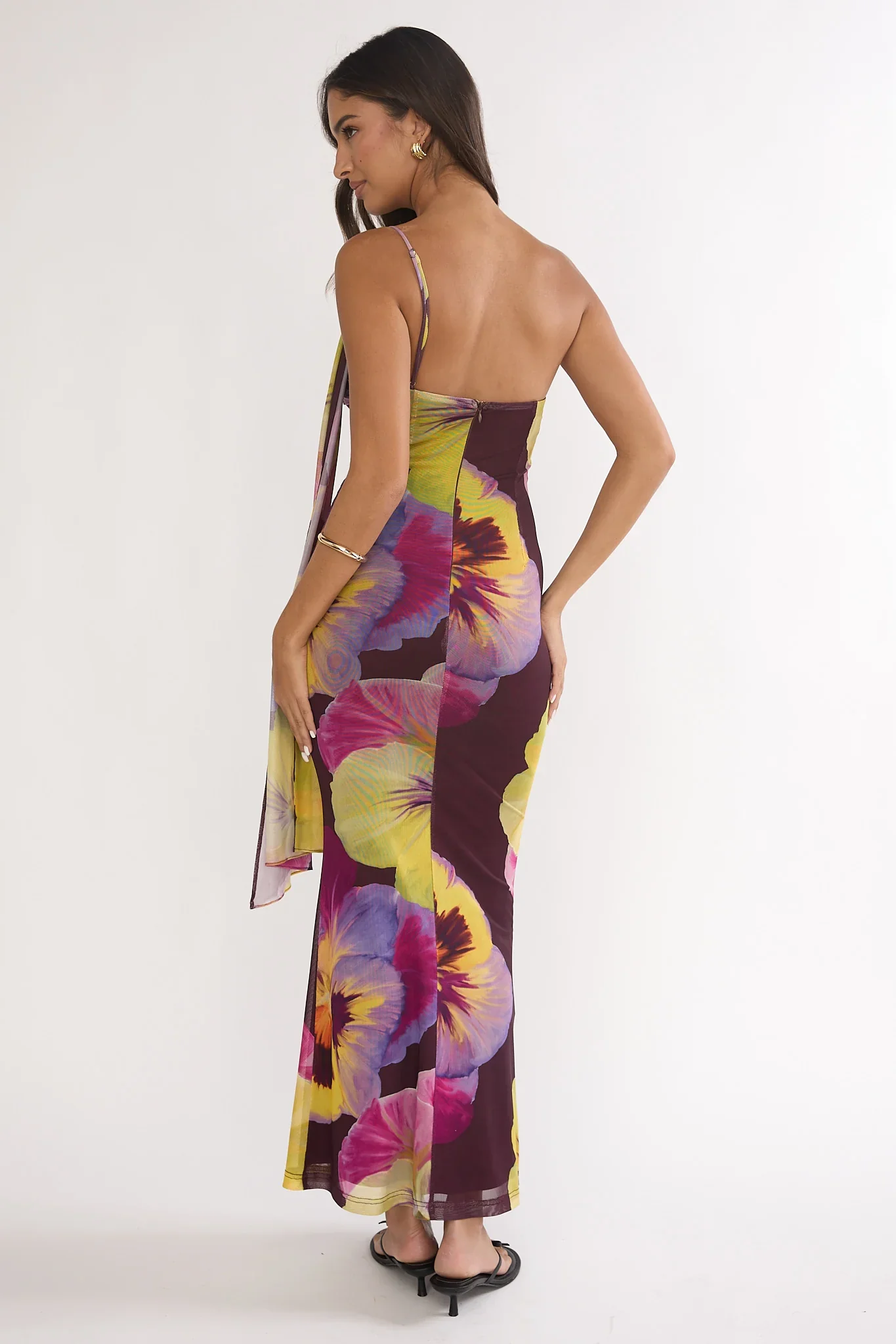 Tallis One-Shoulder Asymmetric Neckline Dress Brown