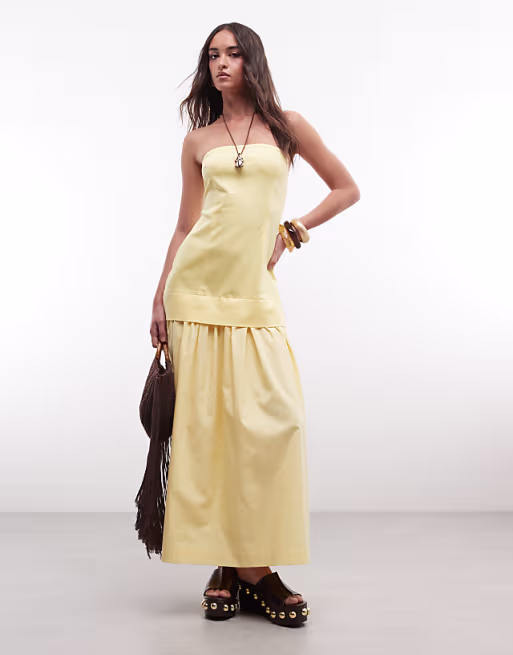 cotton sateen strapless maxi length sundress with dropped waist poplin skirt in butter yellow