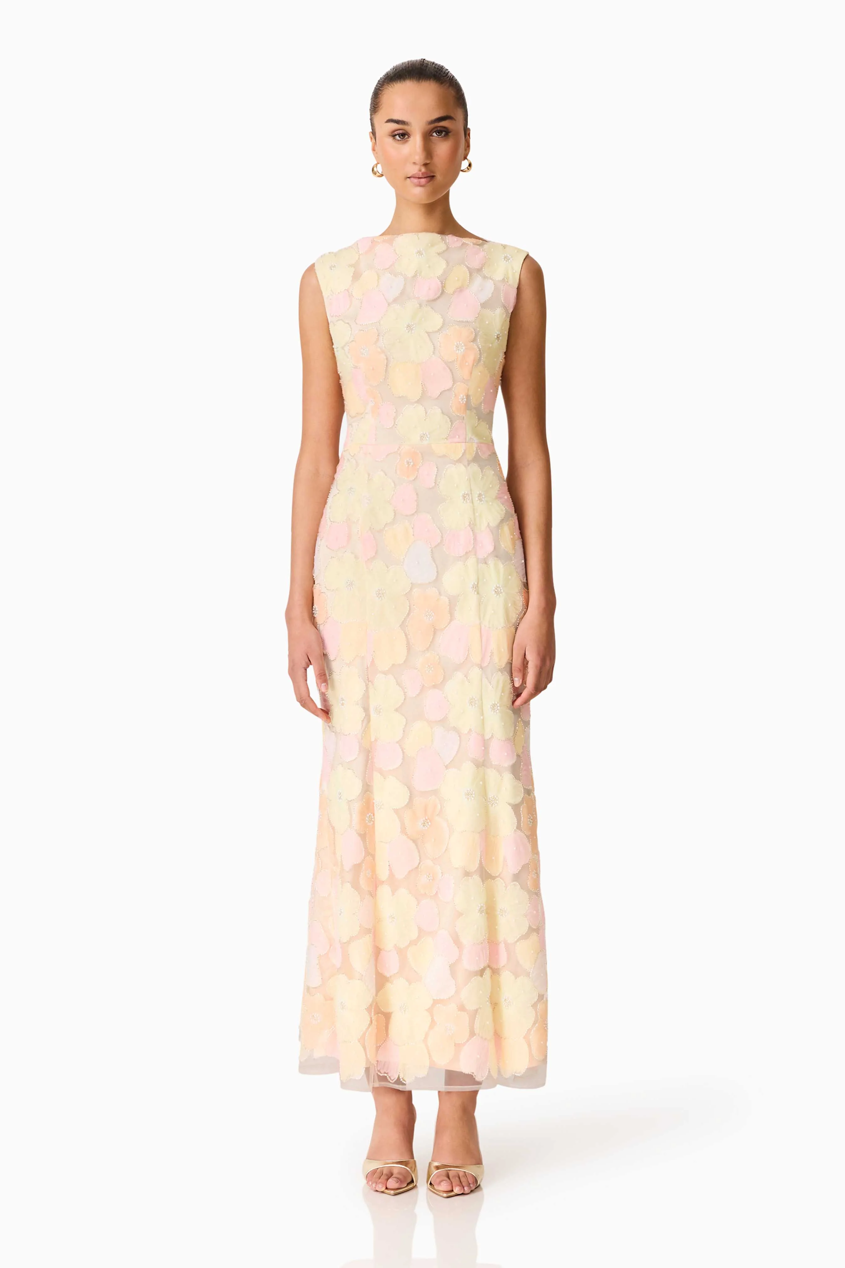 Zaria Sleevless Gown in Yellow Floral