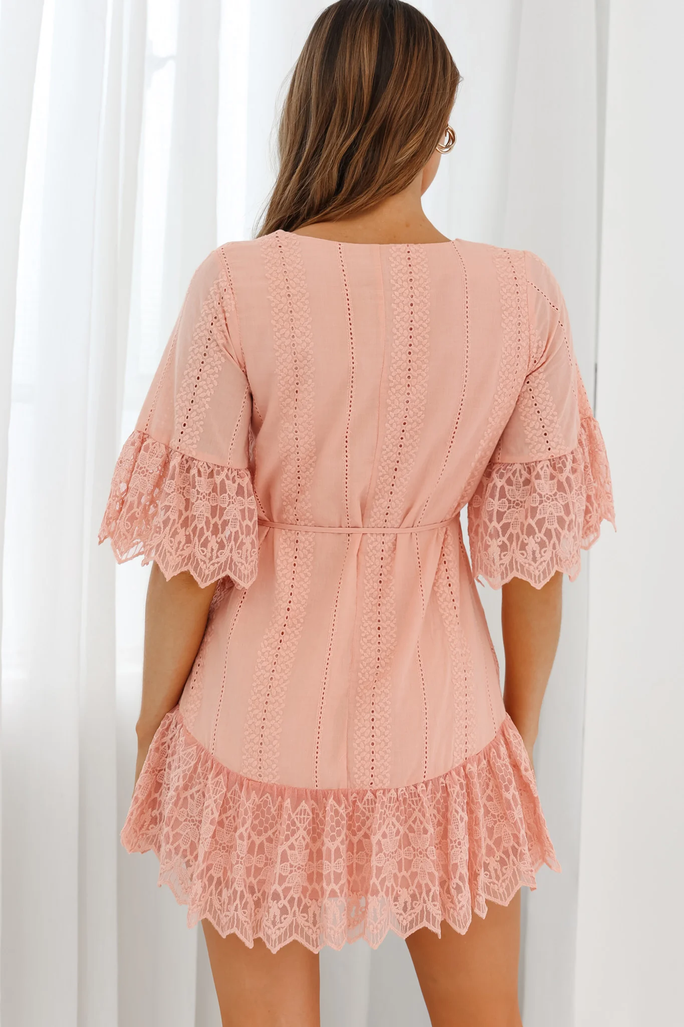 Karissa Lace Trim Waist Tie Tunic Dress Blush