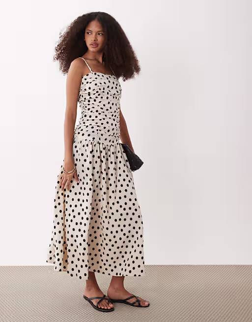 Brave Soul strappy polka dot midi dress with drop waist in cream