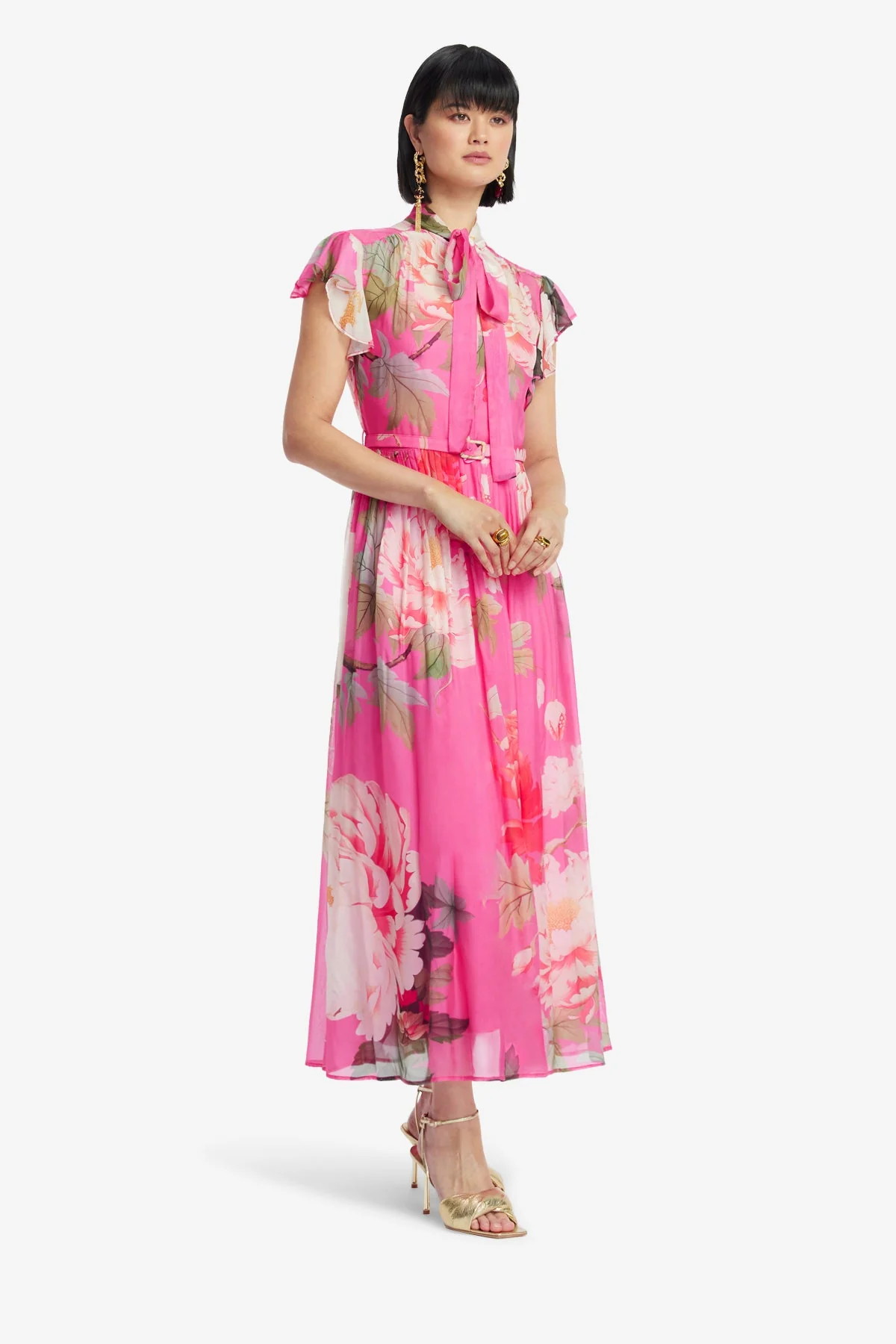 Grace Flutter Sleeve Midi Dress - Peony Print in Fuchsia