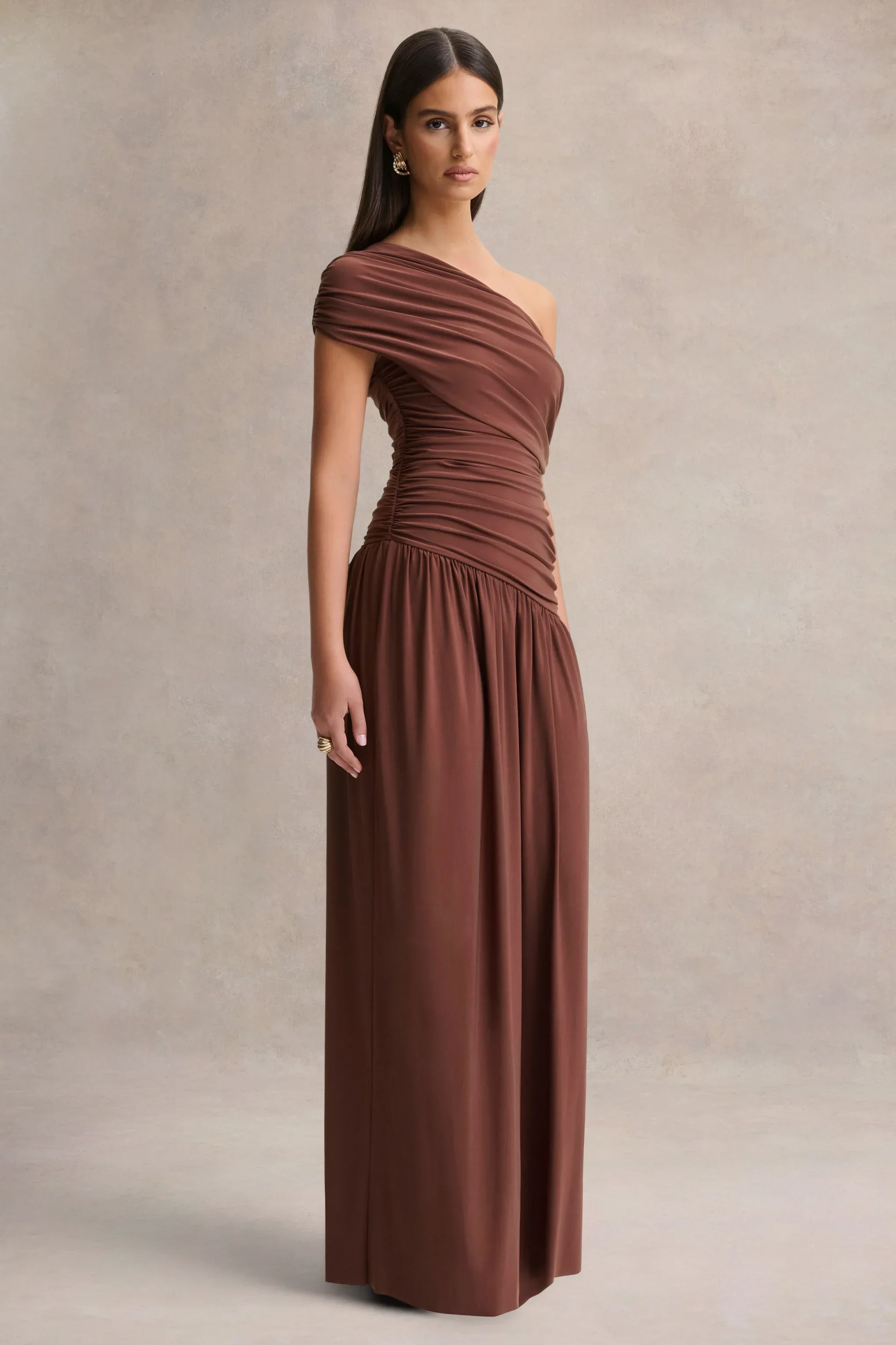 Emberly | Brown Draped Asymmetric-Neck Maxi Dress With Drop-Waist