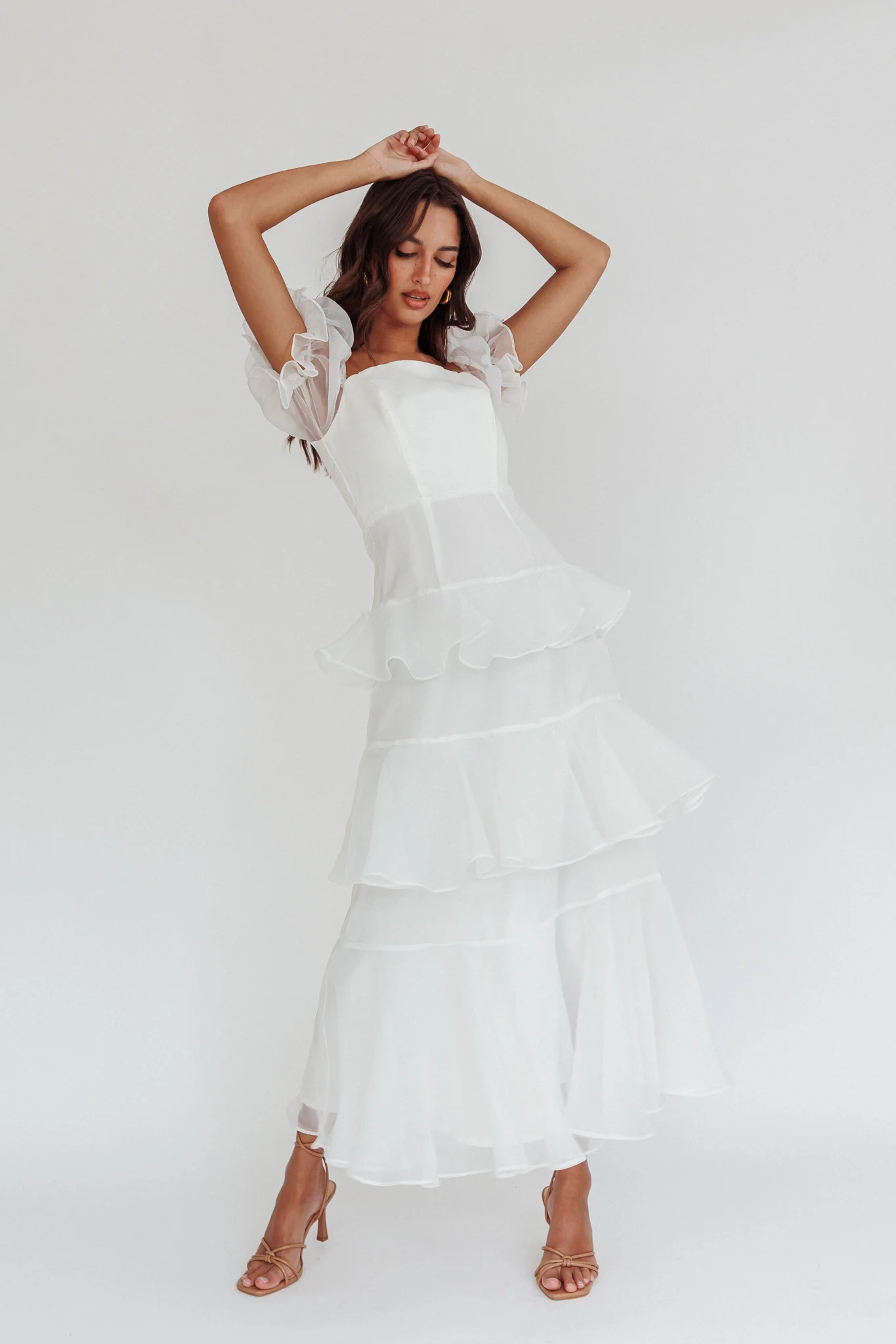 Delwynn Puff Sleeve Layered Midi Dress White