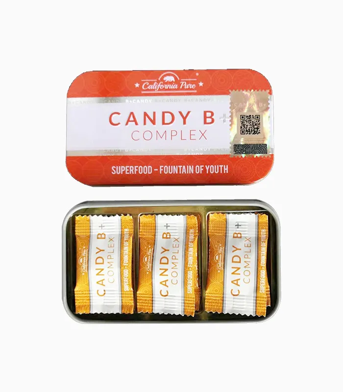 Open Candy B Complex tin with individually wrapped orange and white bars
