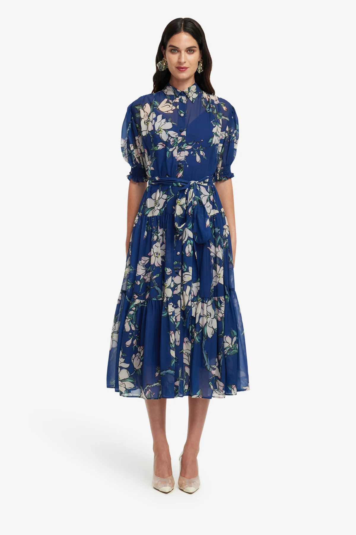 Ellie Bishop Sleeve Midi Dress - Midnight Magnolia Print