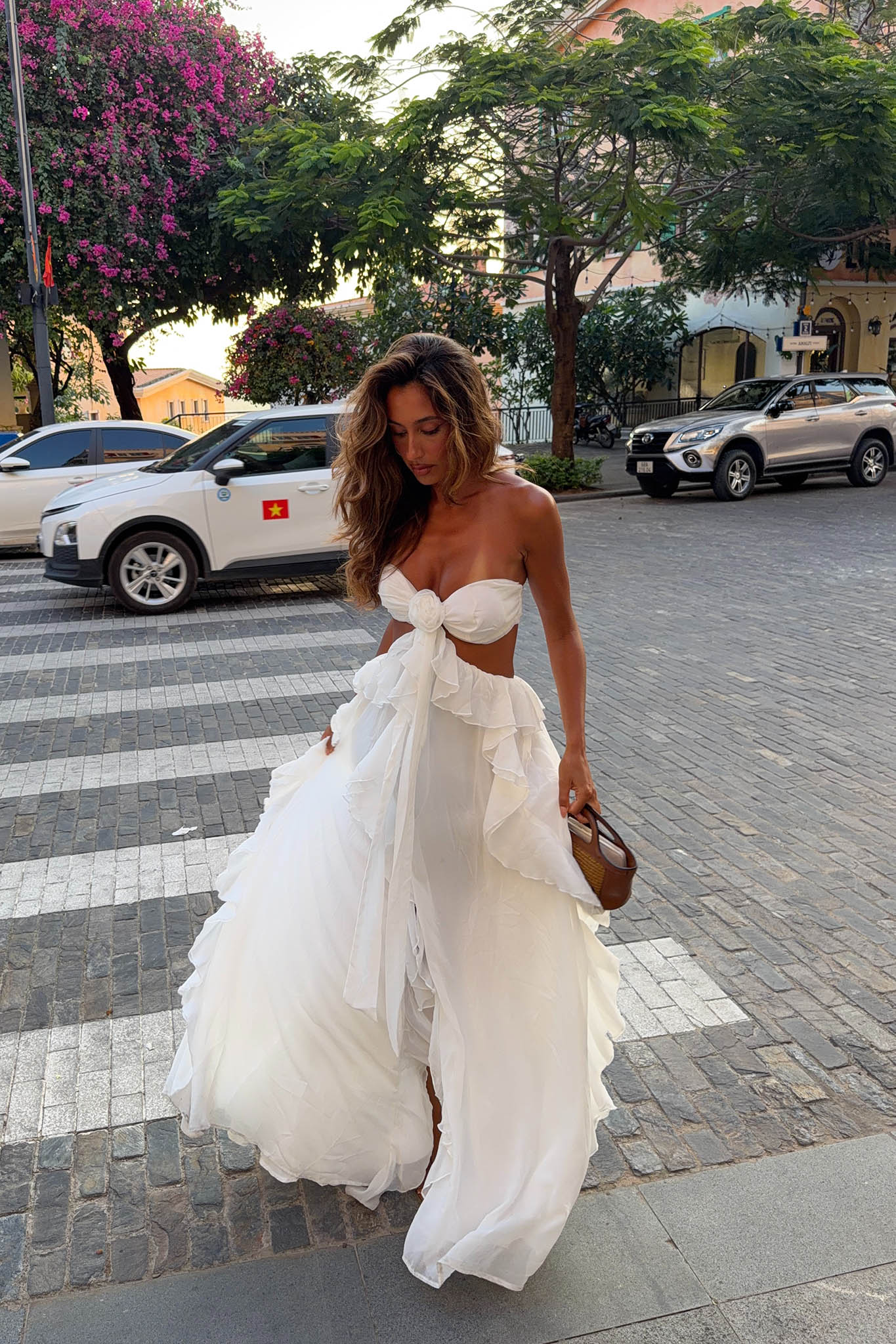 Santiago Cut-Out Ruffle Maxi Dress White - luluinthesky