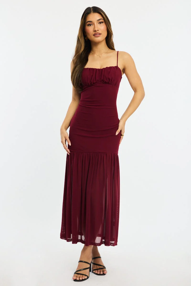 Red Maxi Dress Gathered Bust Mesh