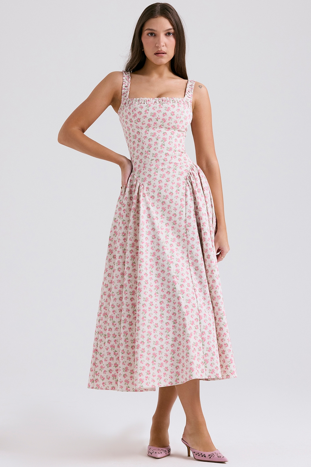 White Rosebud Print Cotton Midi Sundress