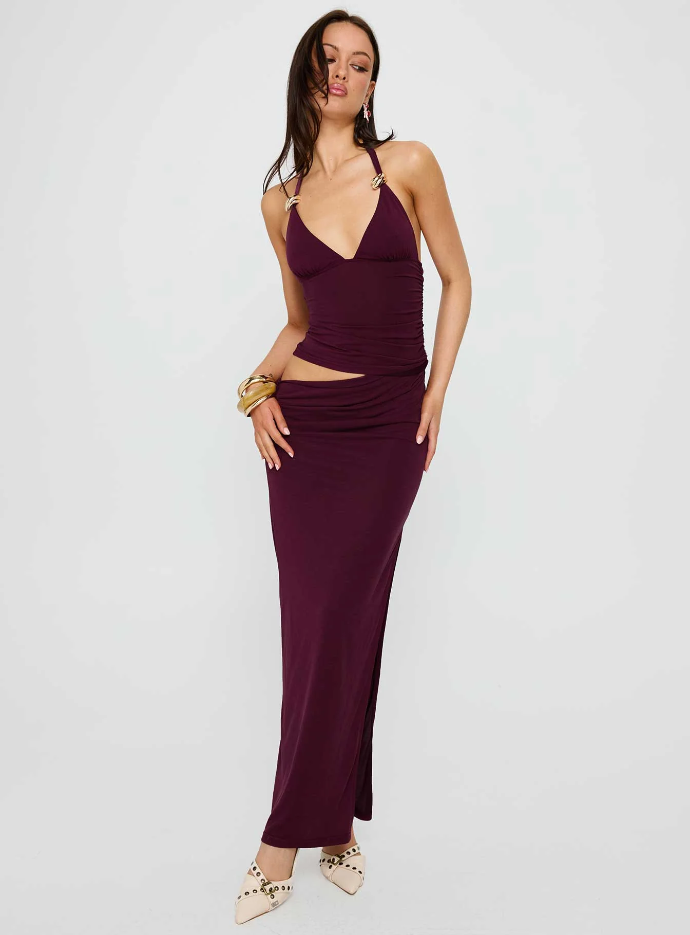 Imeraldia Hardware Halter Maxi Dress Currant