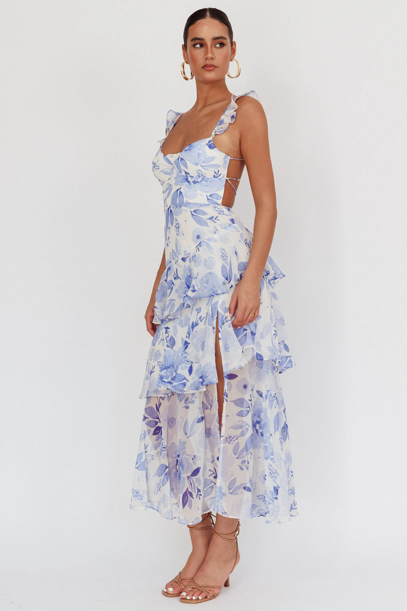 Veda Strappy Back Ruffle Maxi Dress Flowers Blue - luluinthesky