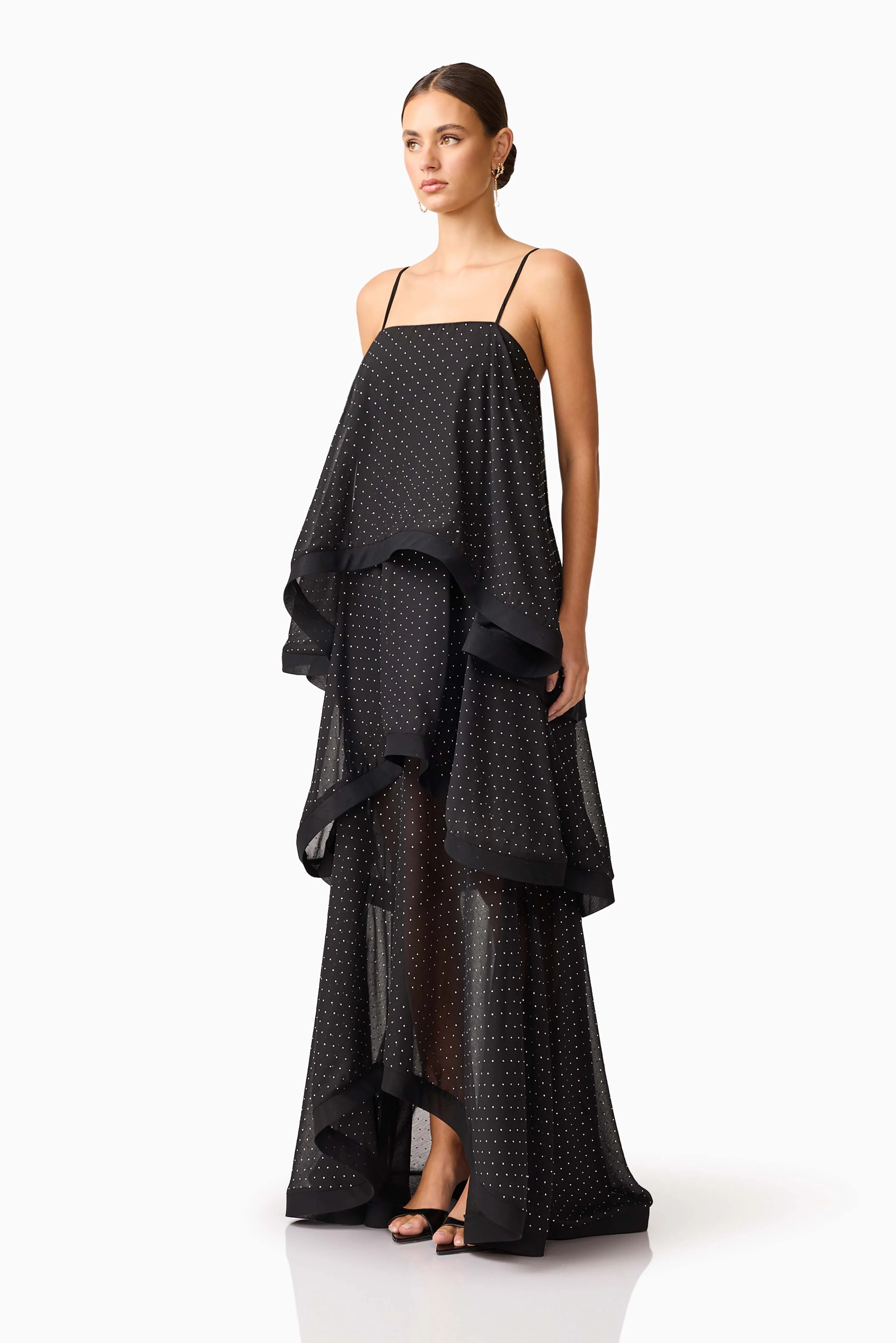 Moss Tiered Embellished Gown in Black