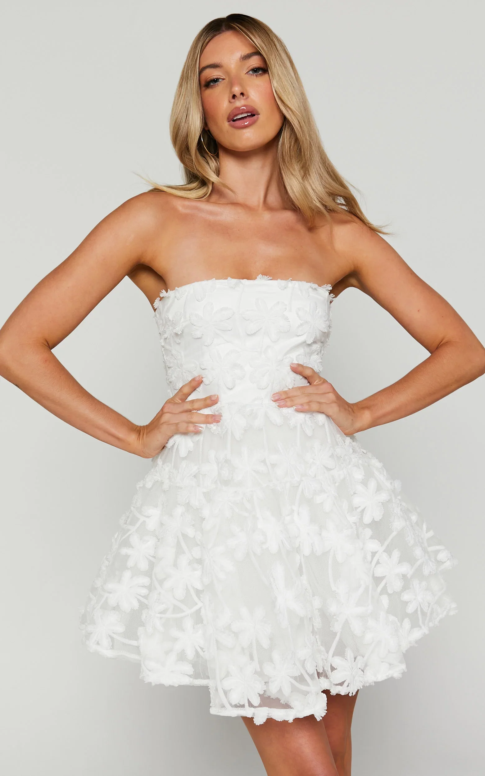 Rheiva Mini Dress - Strapless 3D Embroidery Dress in White