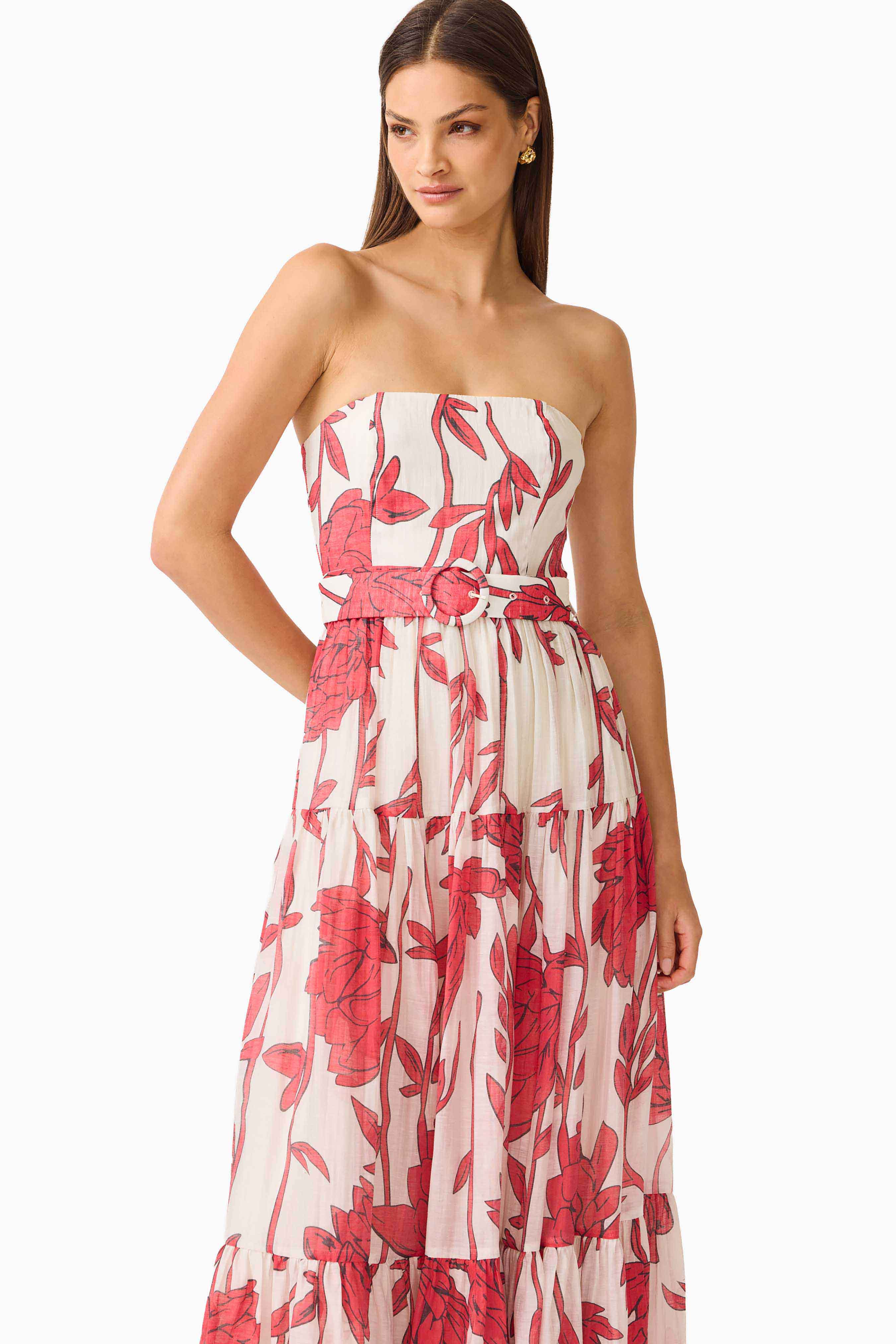 CURAAE Viva Belted Maxi Dress in White and Red