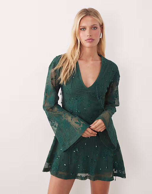 embellished crochet plunge mini dress with long sleeves in green