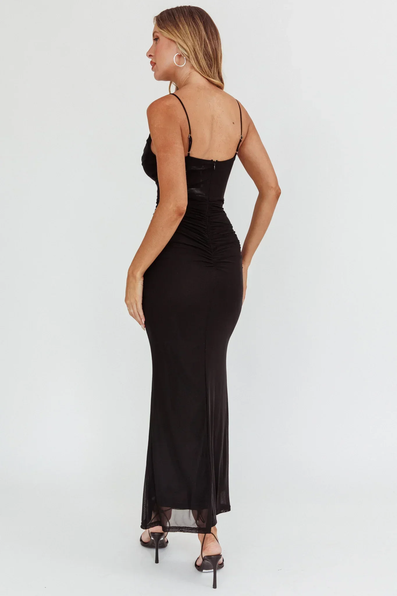 Morella Ruched Waist Mesh Maxi Dress Black