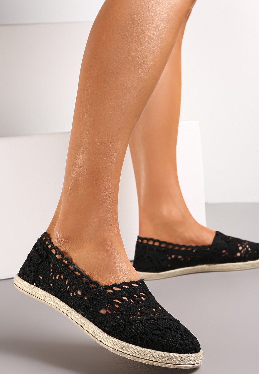 Czarne Espadryle z Ażurową Cholewką i Plecioną Podeszwą Gratifyinglys