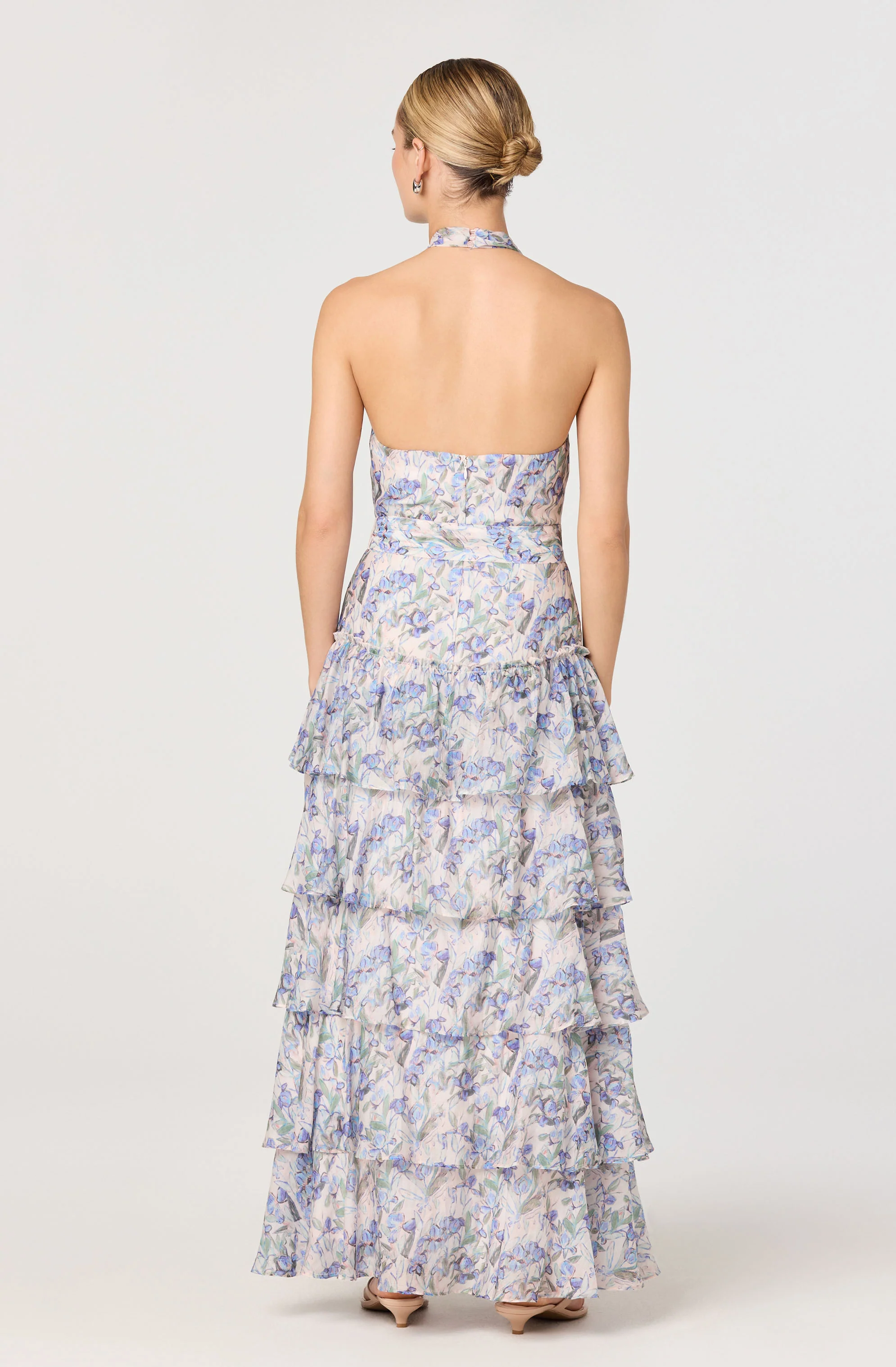 Adamaris Floral Halter Tiered Ruffle Maxi Dress