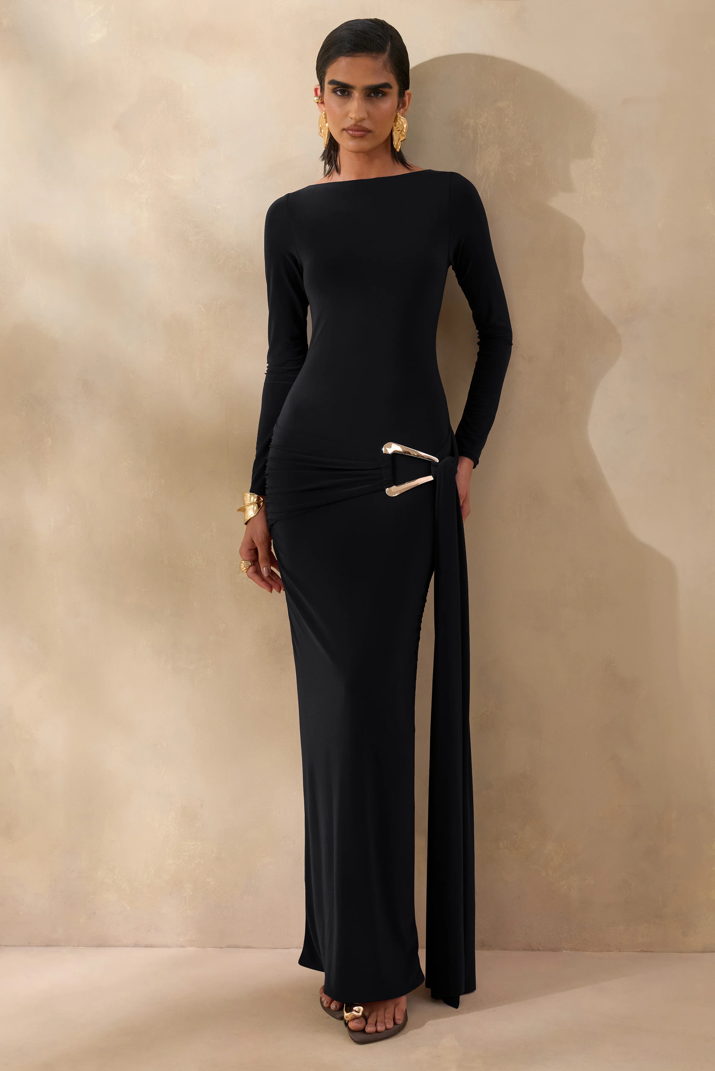Astrielle | Black Wide-Neck With Gold-Detail And Sash