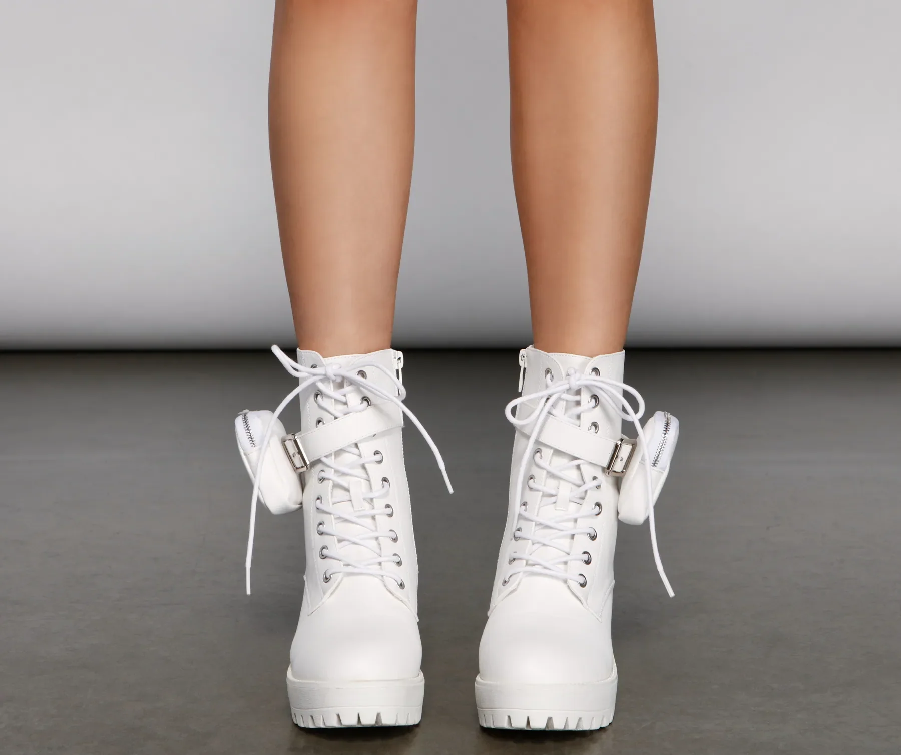 Faux Leather Combat Boots With Pouch