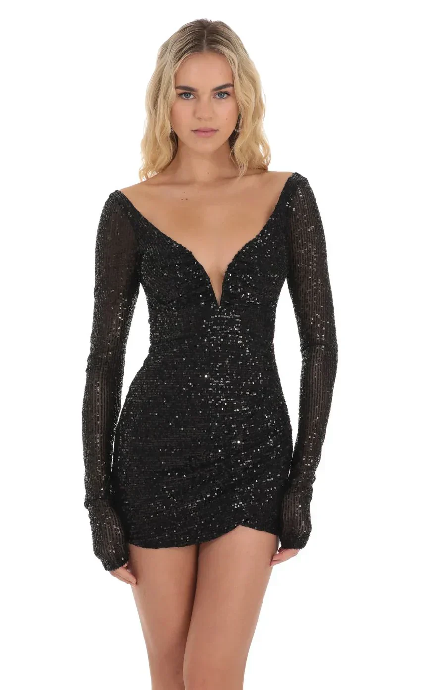 Sequin V-Neck Long Sleeve Dress In Black