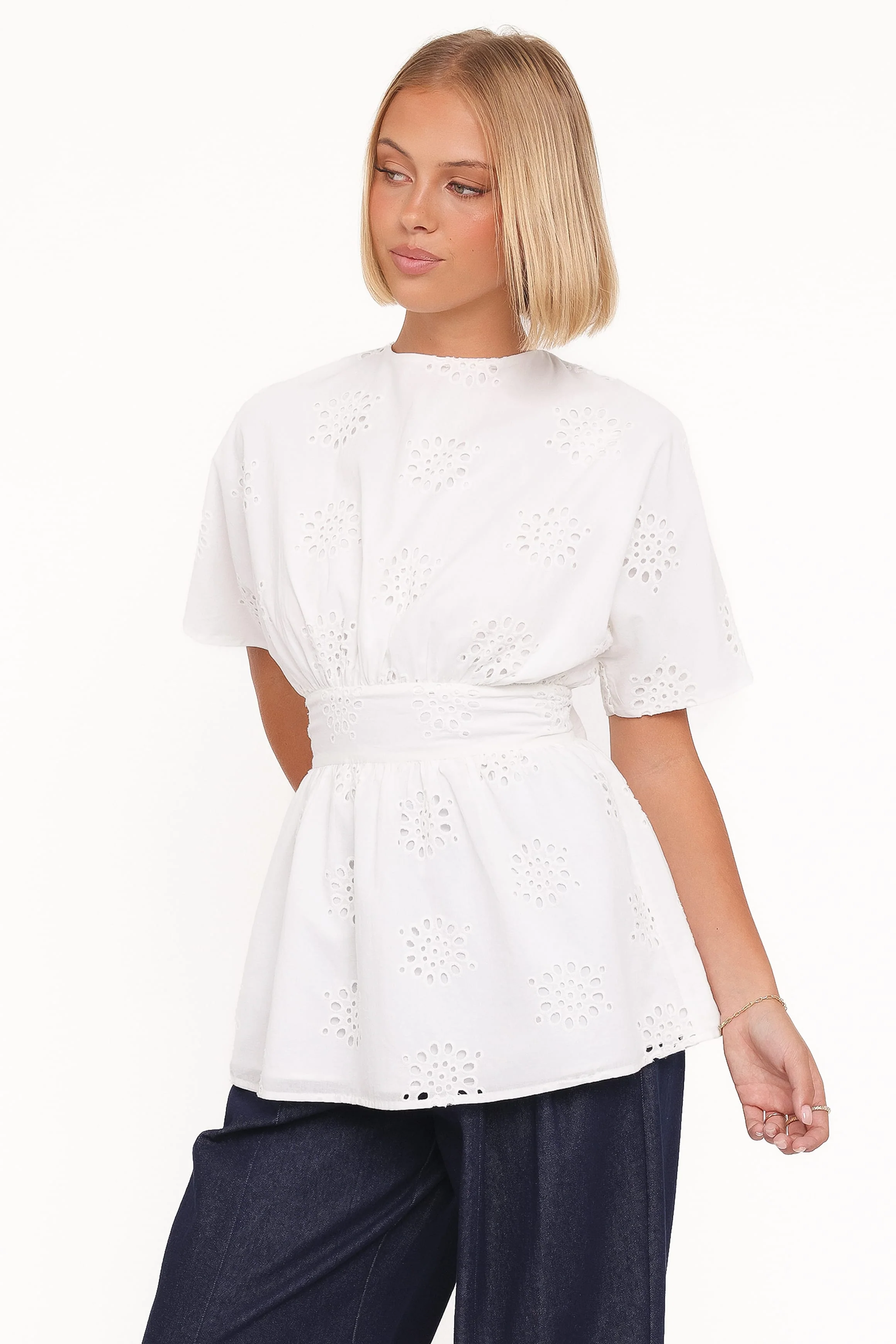Carmel Tie Back Tunic Top - White Embroidery
