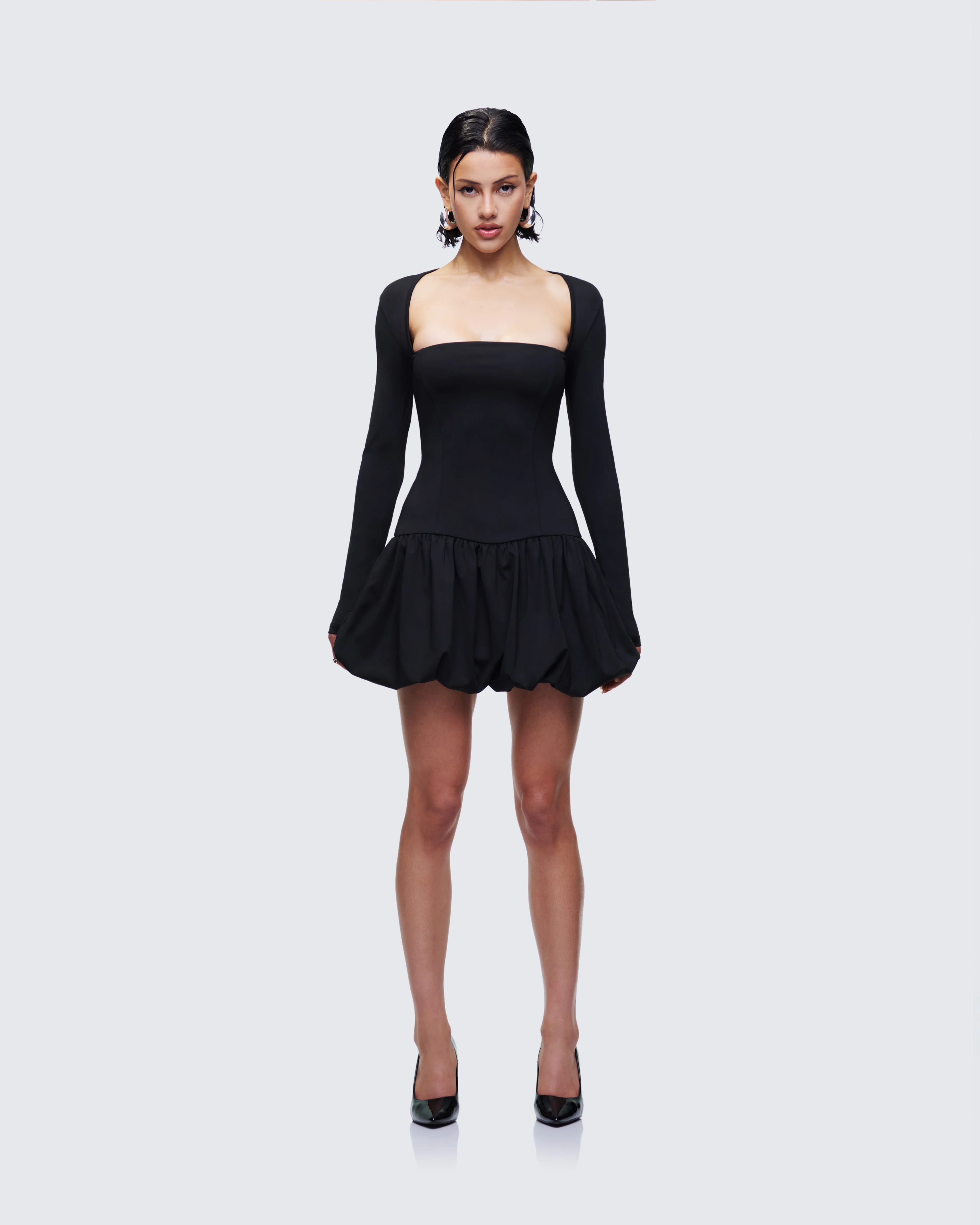 Pili Black Drop Bubble Hem Micro Mini Dress