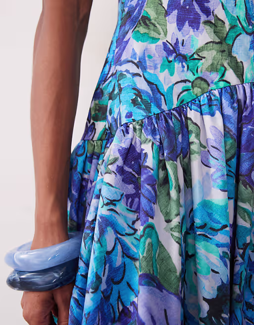 satin bias shift dress with bubble hem in blue floral