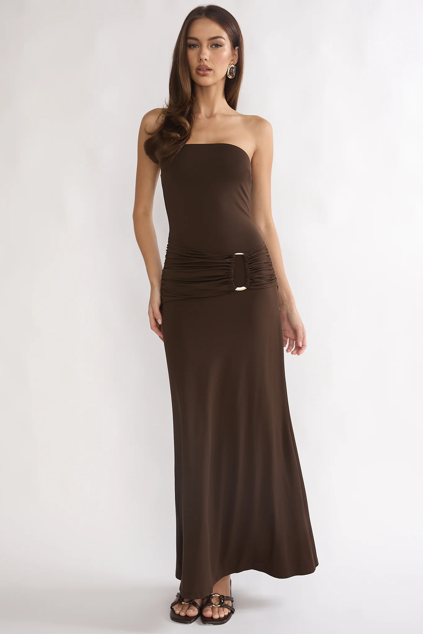 Klaudia Strapless Ruched Waist Maxi Dress Chocolate