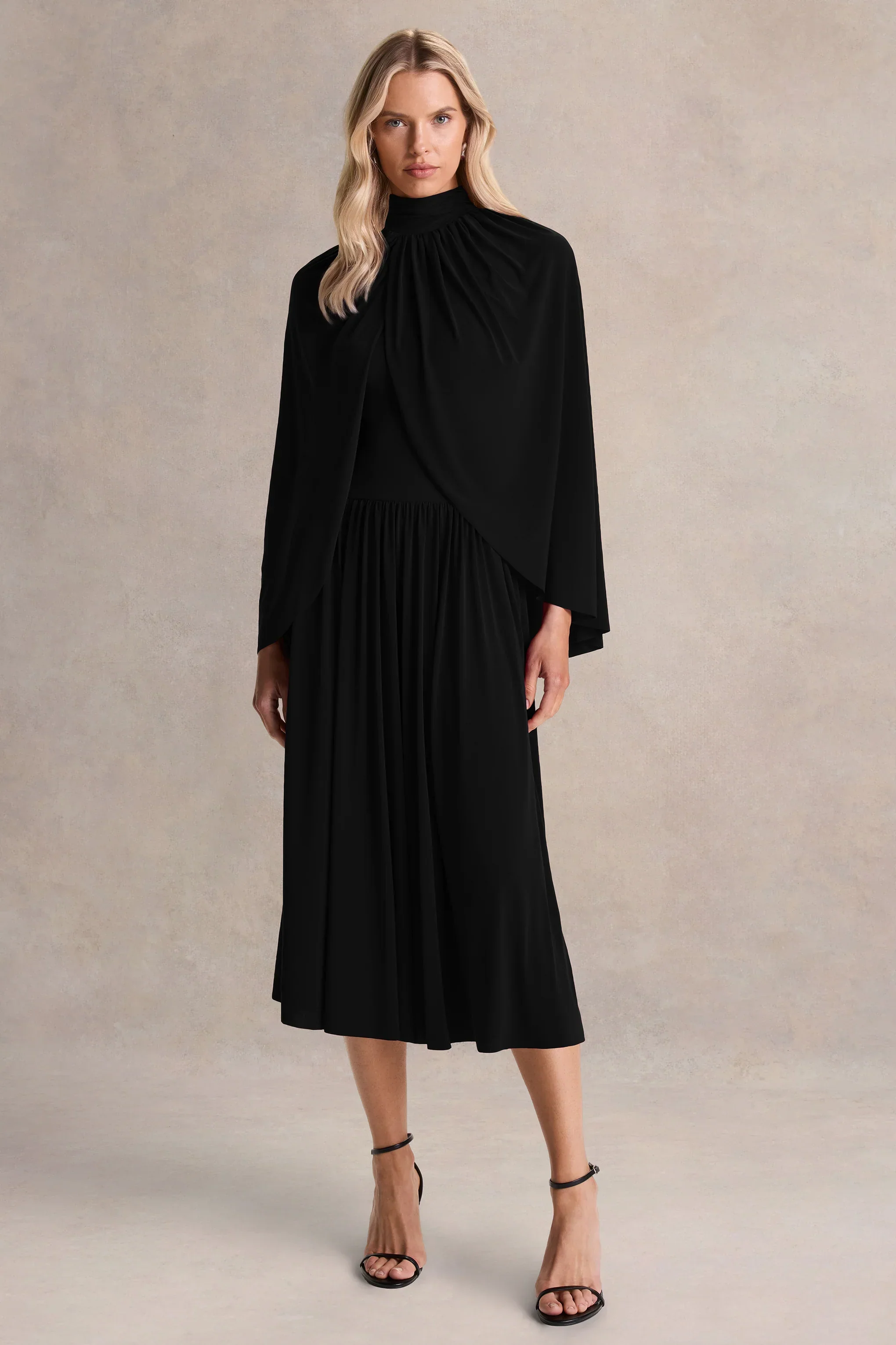 Honora | Black High-Neck Maxi Dress With Cape-Sleeves