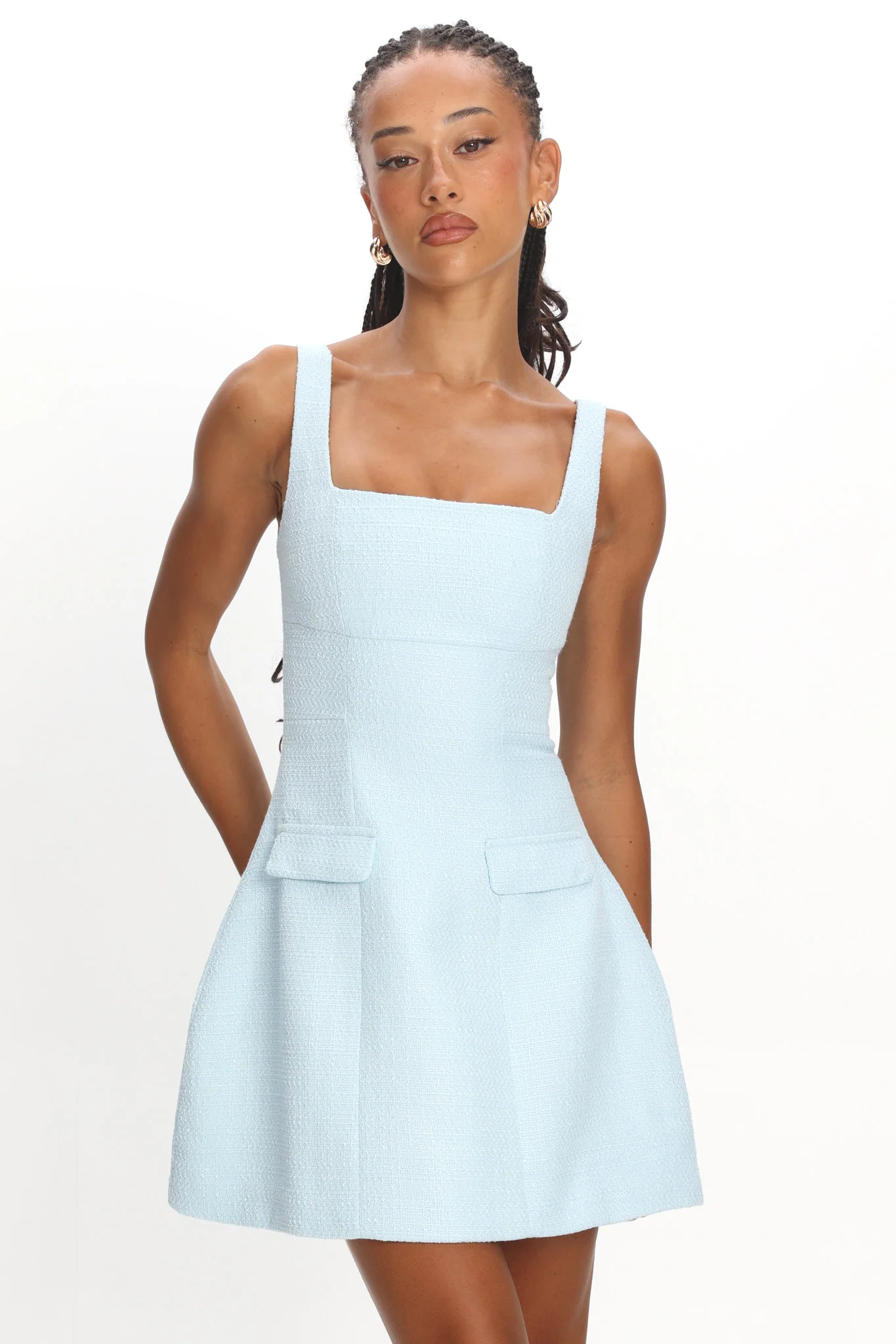 Melodic Faux Pocket Tweed Mini Dress Blue