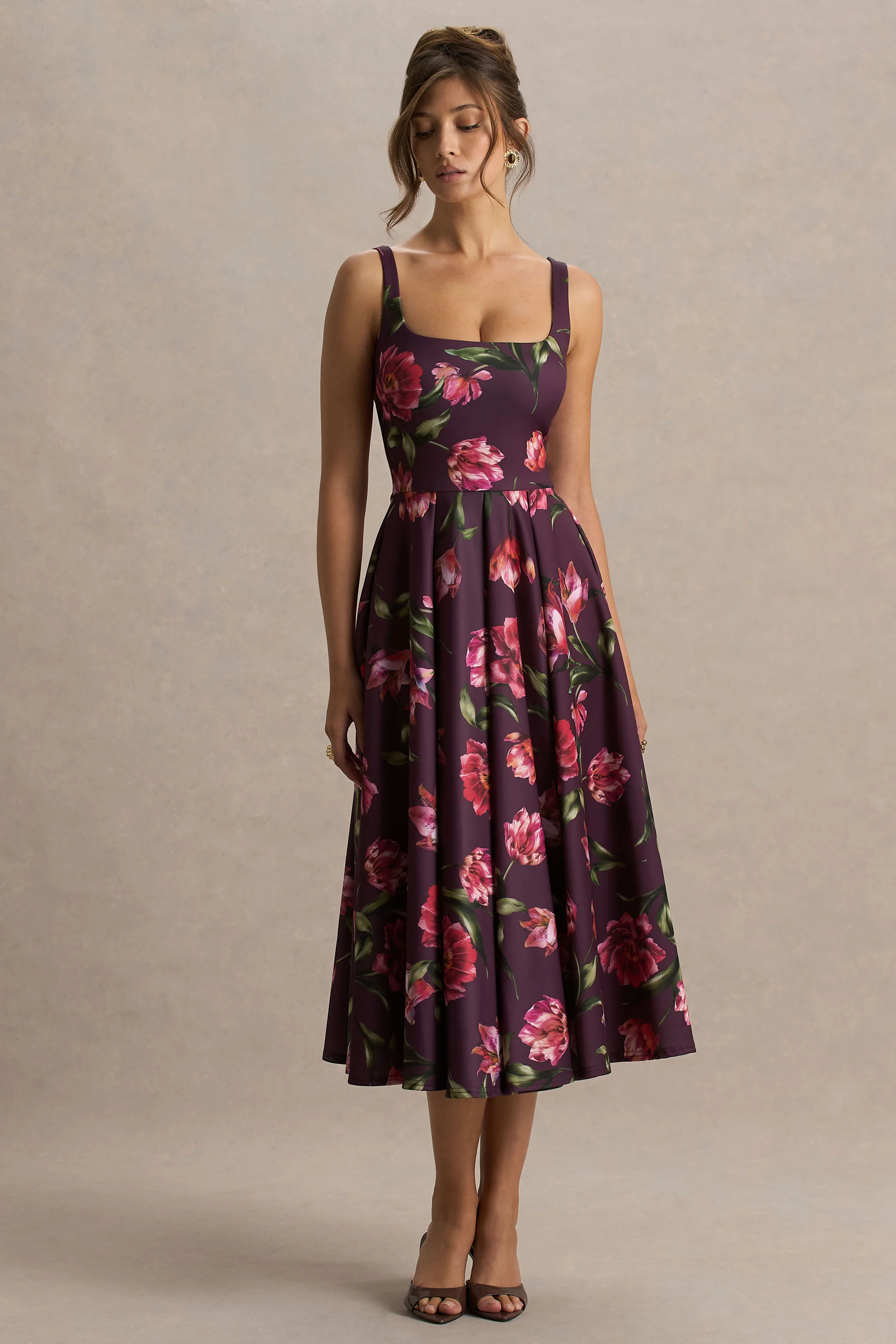 Berta | Burgundy Floral Print Square-Neck Midi Dress