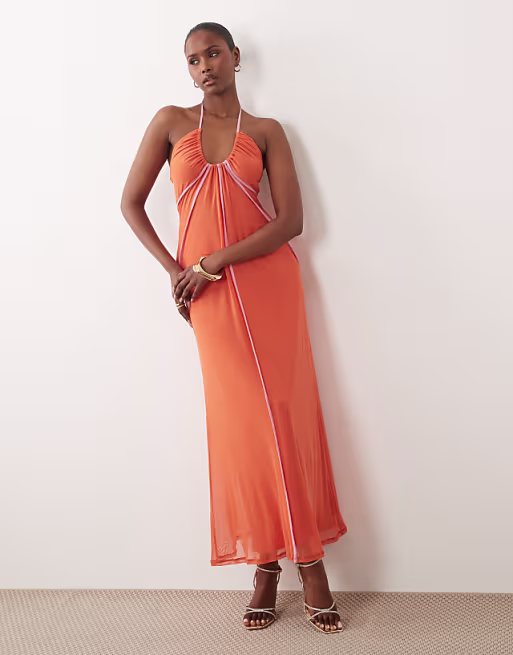 scoop halterneck mesh maxi dress in orange