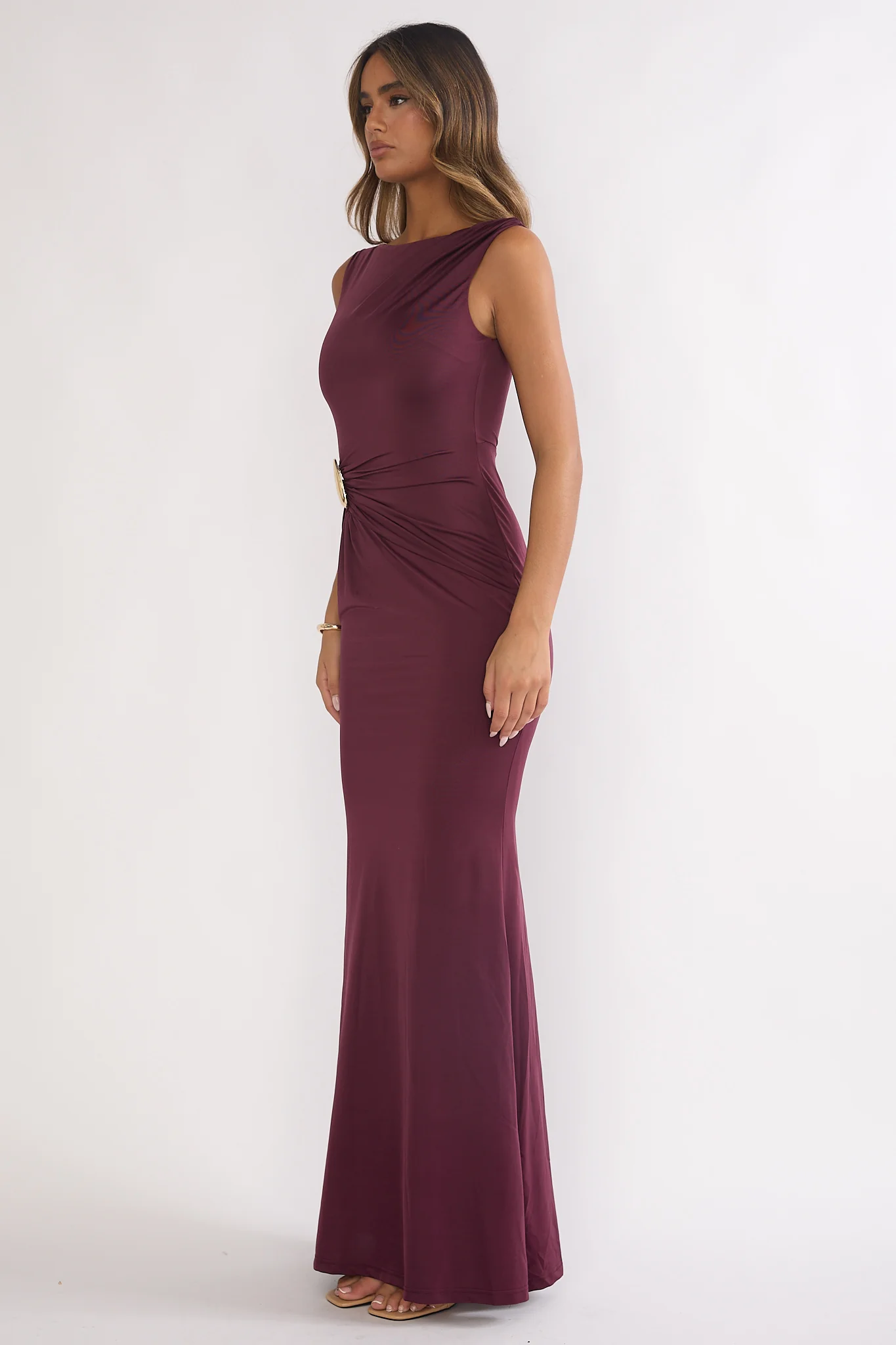 Isalyn Gathered Waist Maxi Dress Burgundy - luluinthesky