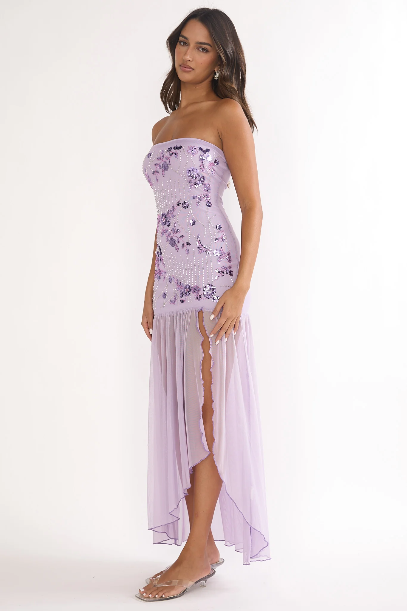 Jezra Strapless Sequin Embellished Maxi Dress Purple