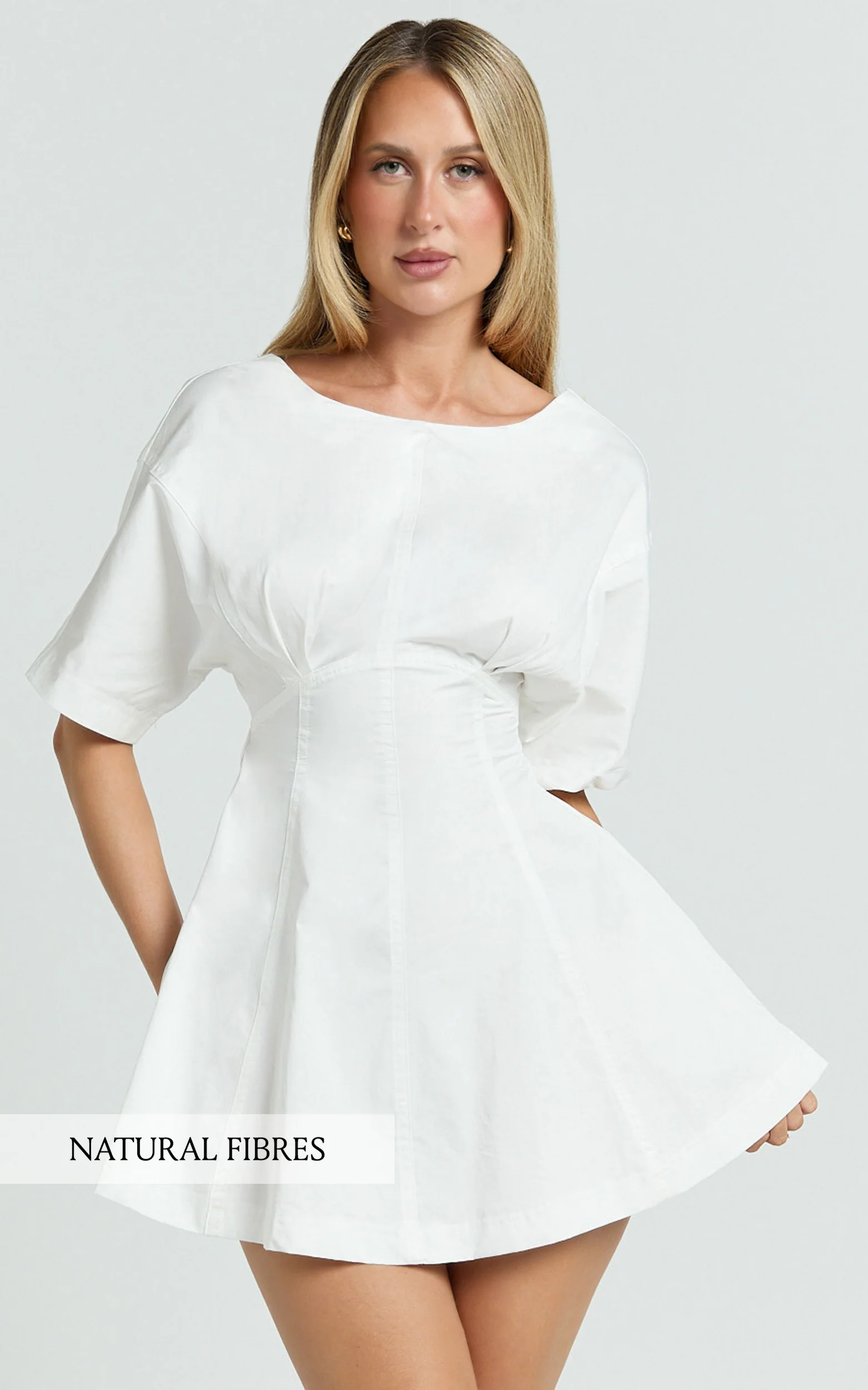 Dylan Mini Dress - High Boatneck Sleeved Fit And Flare Skirt Dress in White