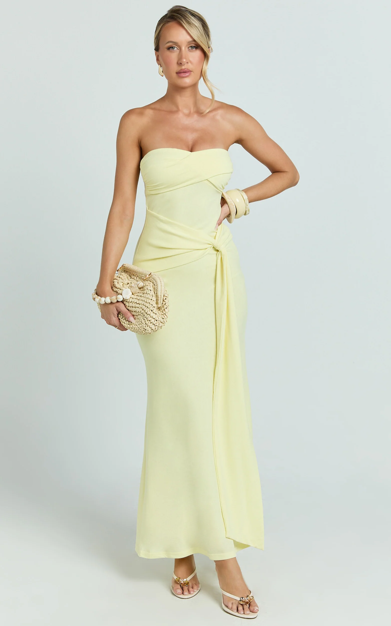 Aria Midi Dress - Strapless Tie Waist Dress in Lemon