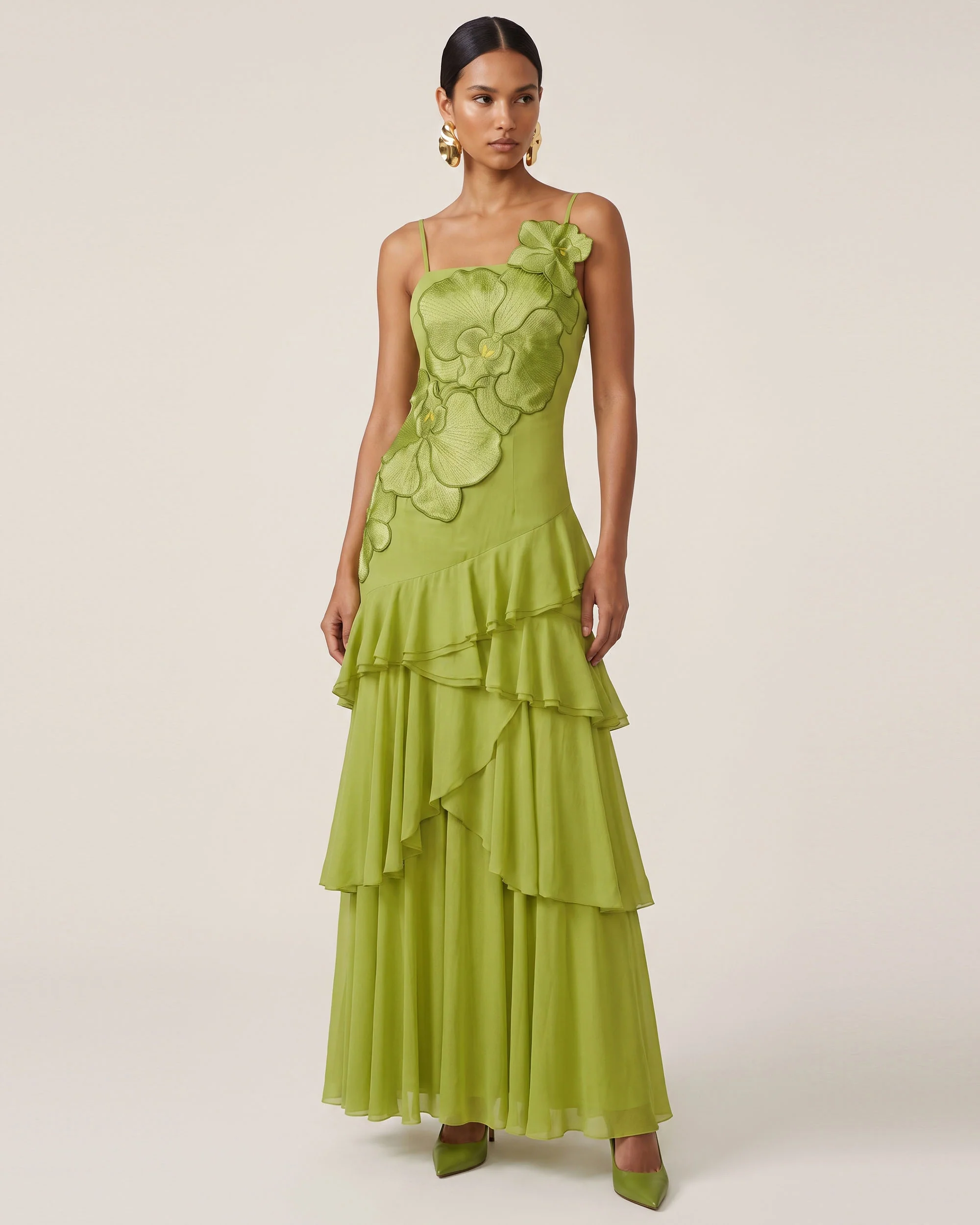 Orchid Embroidered Ruffled One-Shoulder Maxi Dress - Olive Green - FASHION NOB