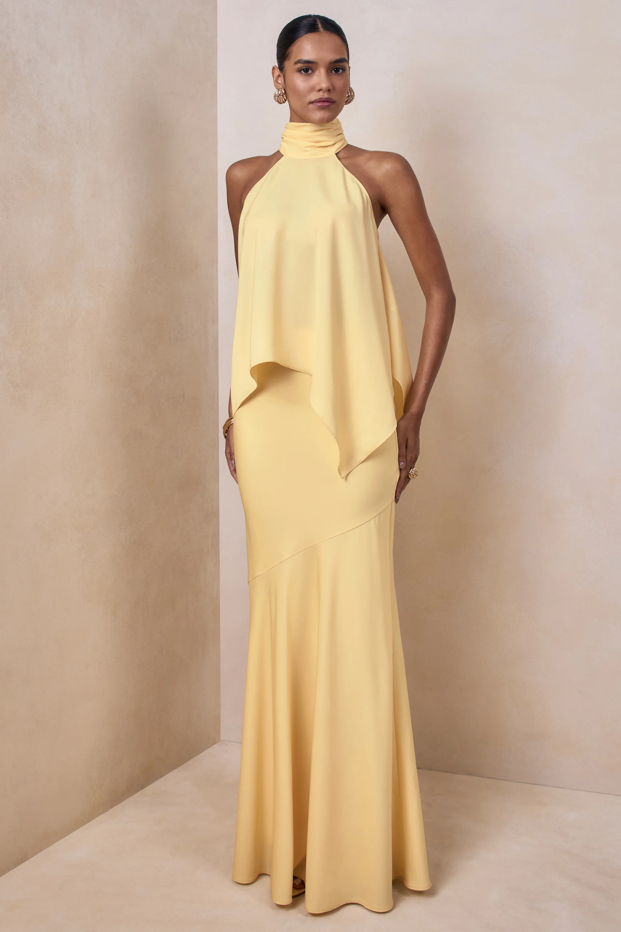 Vayla | Lemon Matte Satin Asymmetric Drop-Waist Maxi Skirt