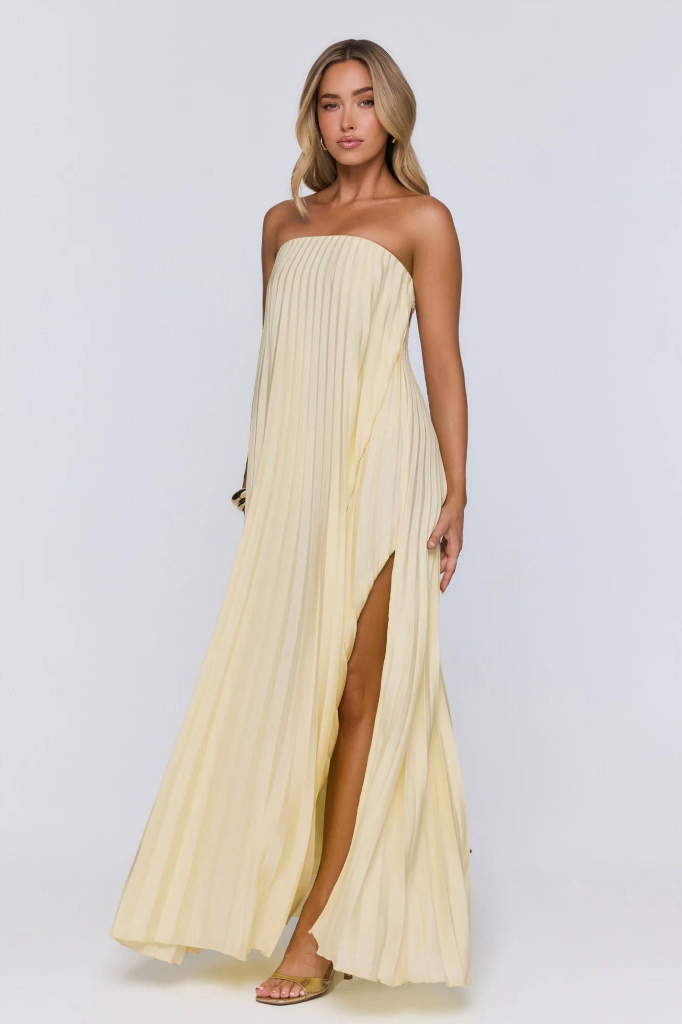 Moonlit Sea Pleated Strapless Maxi Dress Lemon