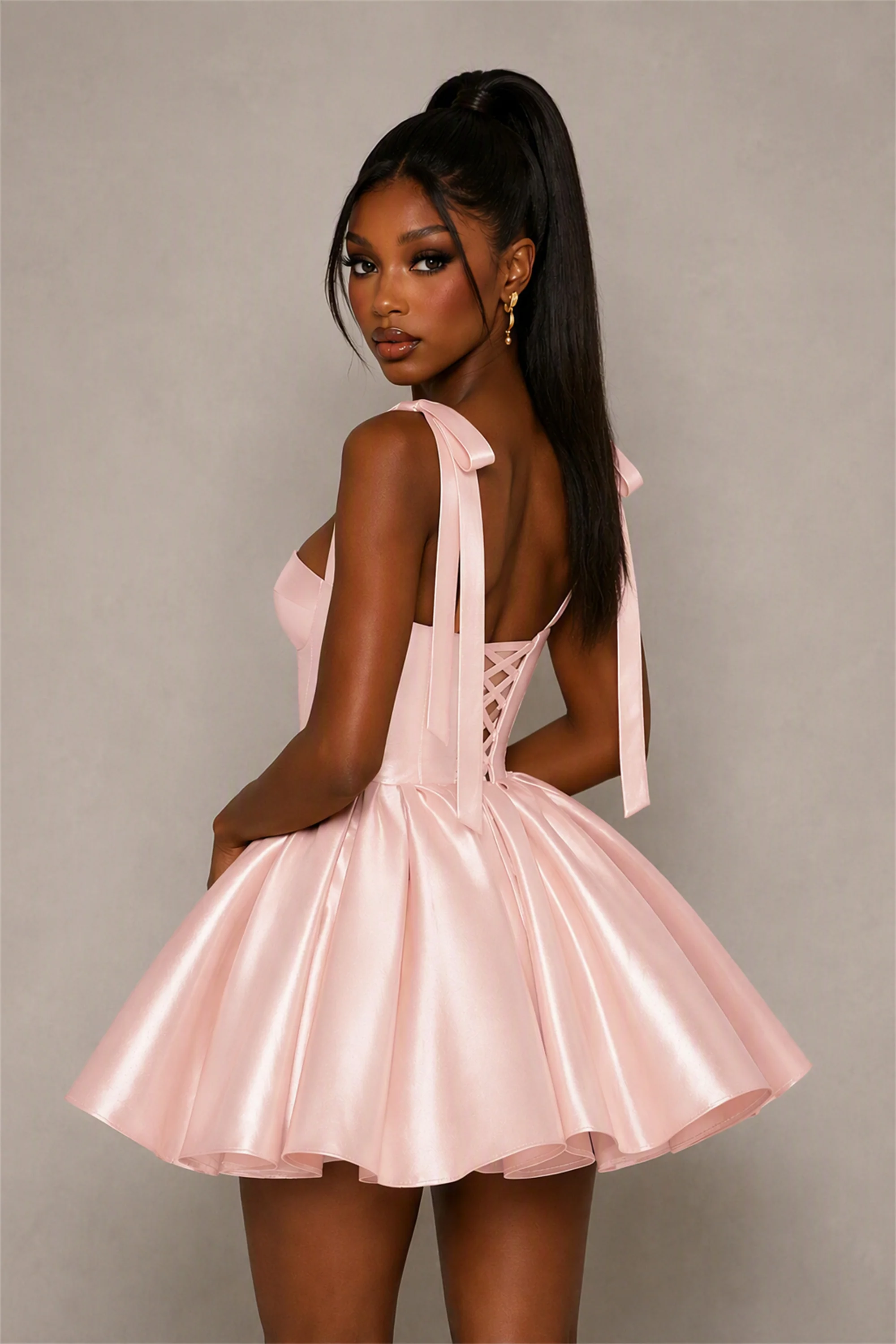 BOLODOO Blush Pink Satin Sweetheart Corset Bow Strap Lace-Up Open Back Full Skirt Mini Dress | Prom Cocktail Party Dress