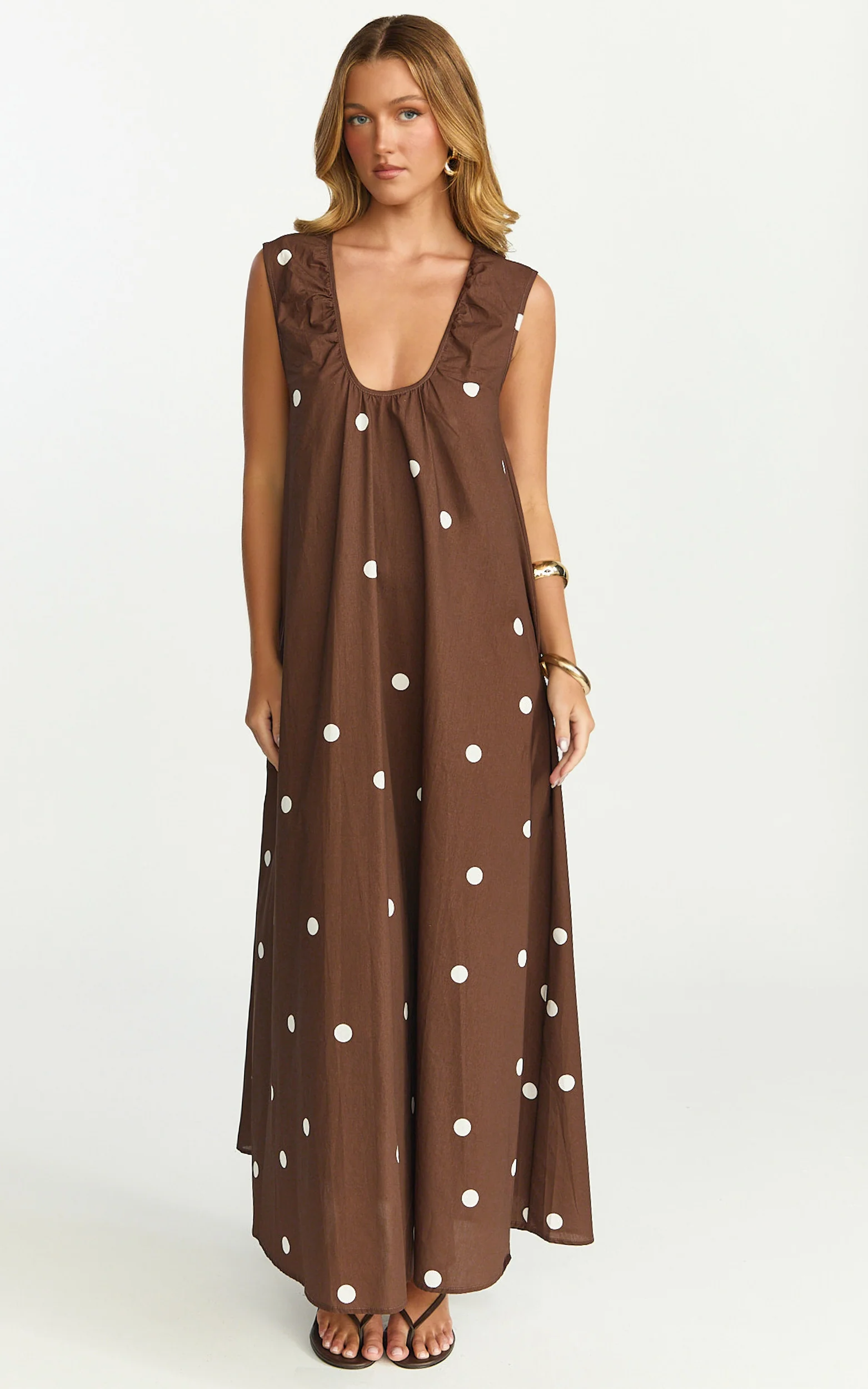 Simone Maxi Dress - U Halter Neck Linen Polkadot Dress in Chocolate