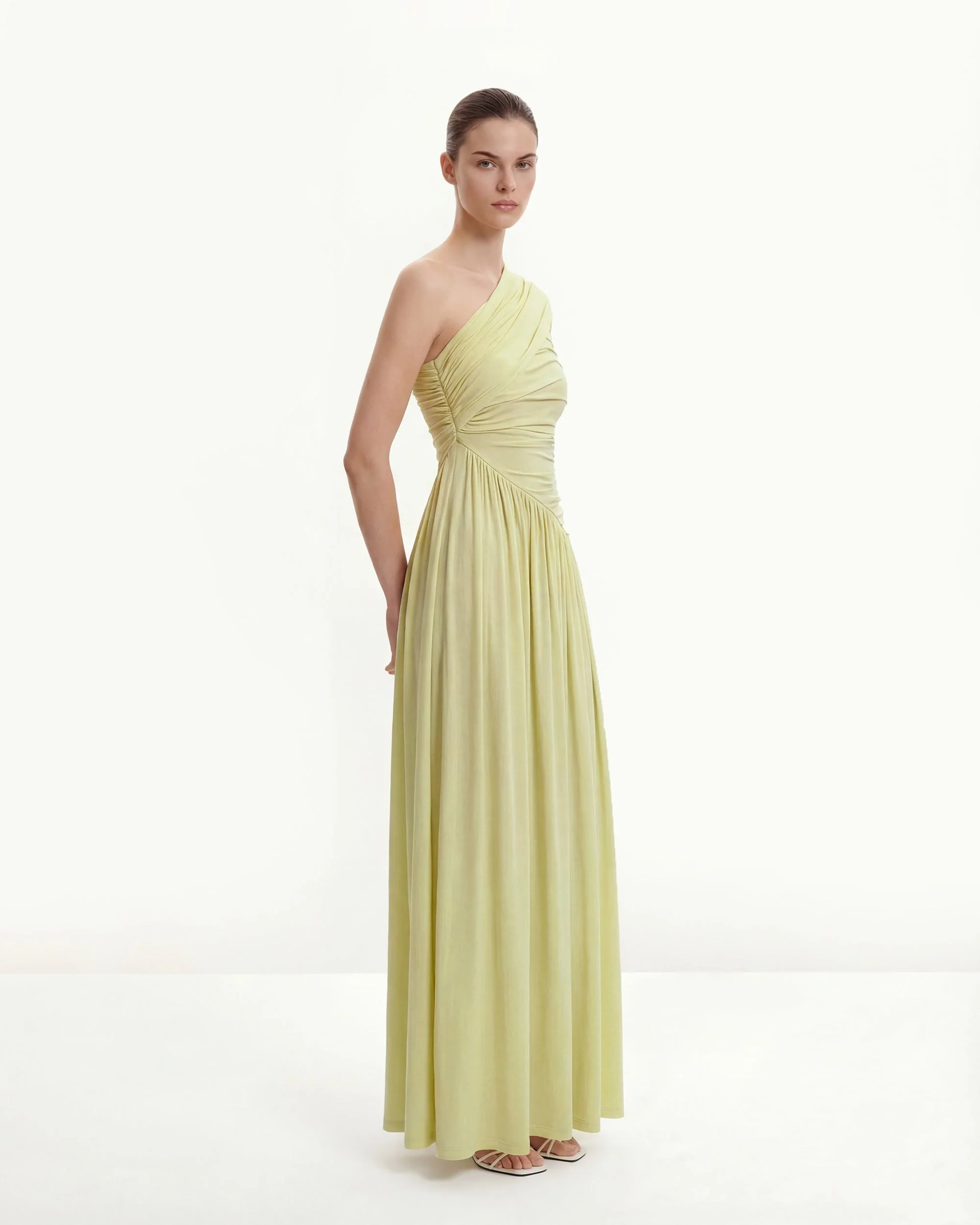 Ruched One-Shoulder Maxi Dress with Trailing Sash - Green - FASHION NOB